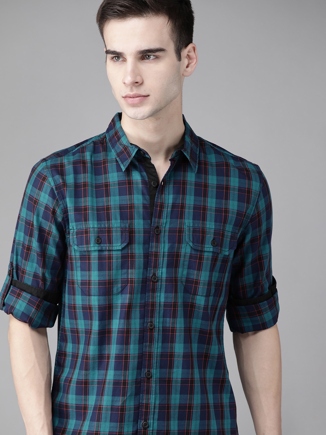 

Roadster Men Teal Blue & Black Cotton Tartan Checks Opaque Checked Casual Shirt