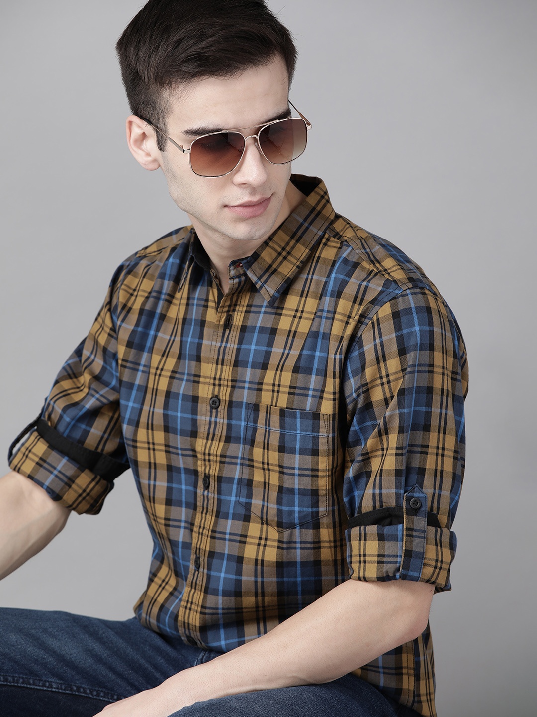 

Roadster Men Beige & Blue Cotton Tartan Checks Opaque Checked Sustainable Casual Shirt