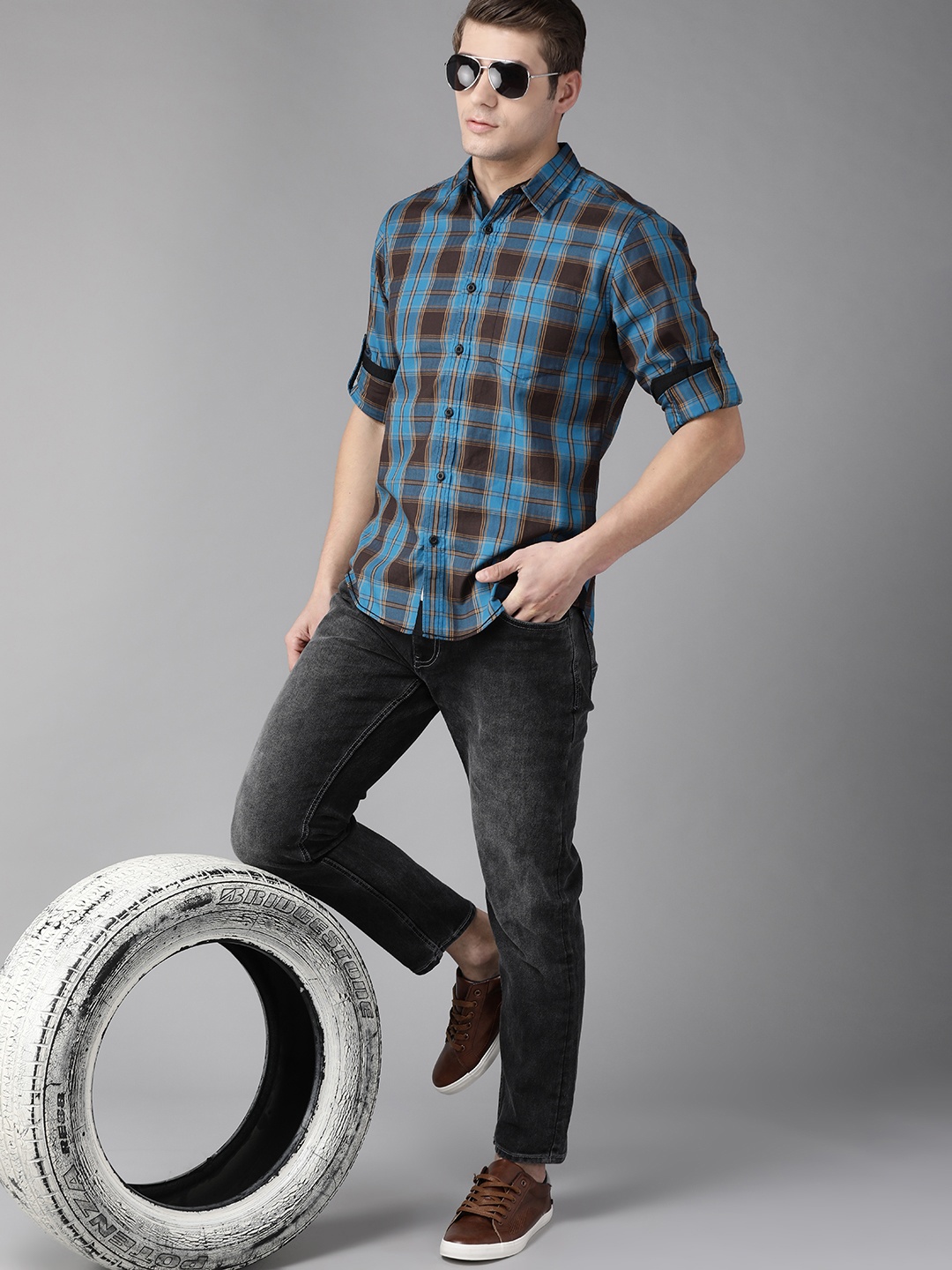 

Roadster Men Blue & Brown Tartan Checked Casual Shirt