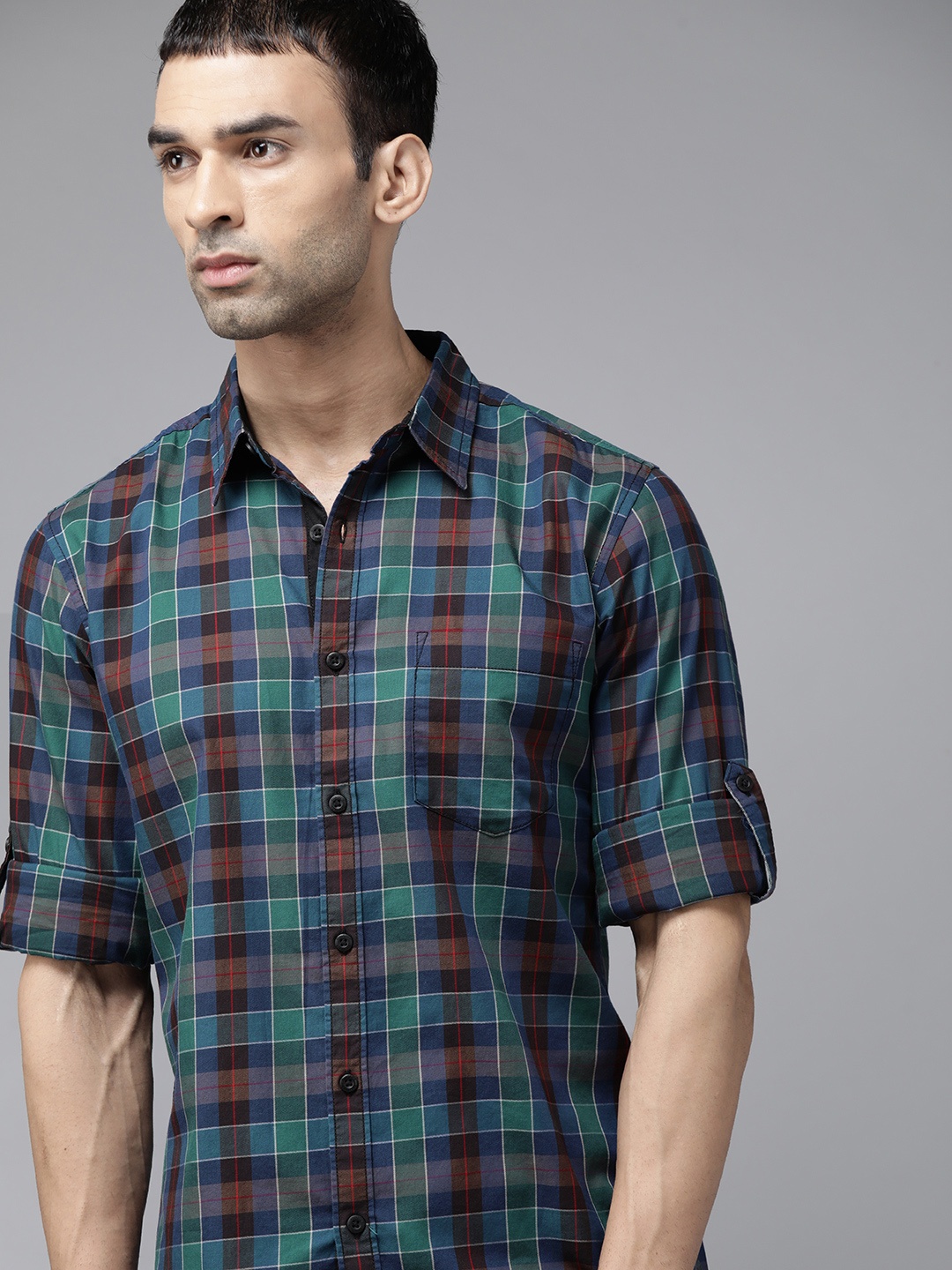 

Roadster Men Navy Blue & Coffee Brown Pure Cotton Tartan Checked Sustainable Casual Shirt