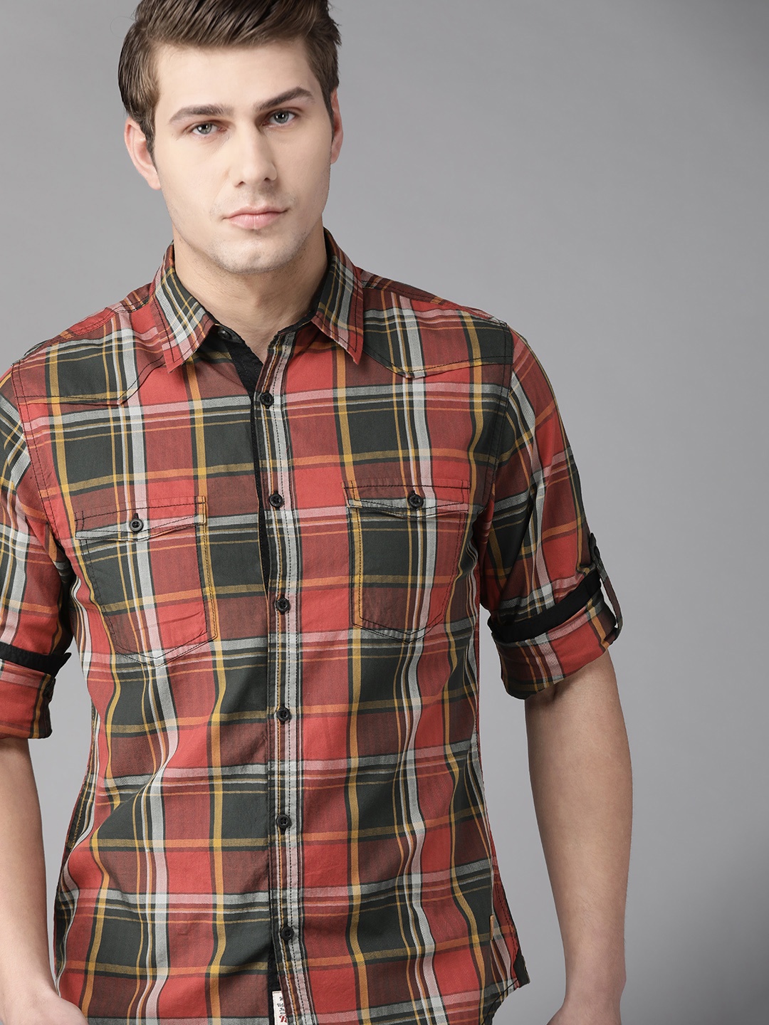 

Roadster Men Rust Red & Green Tartan Checked Casual Shirt