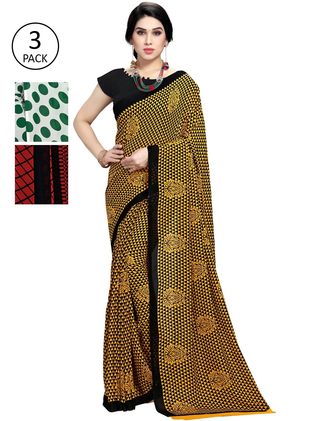 

KALINI Pack Of 3 Poly Georgette Sarees, Yellow