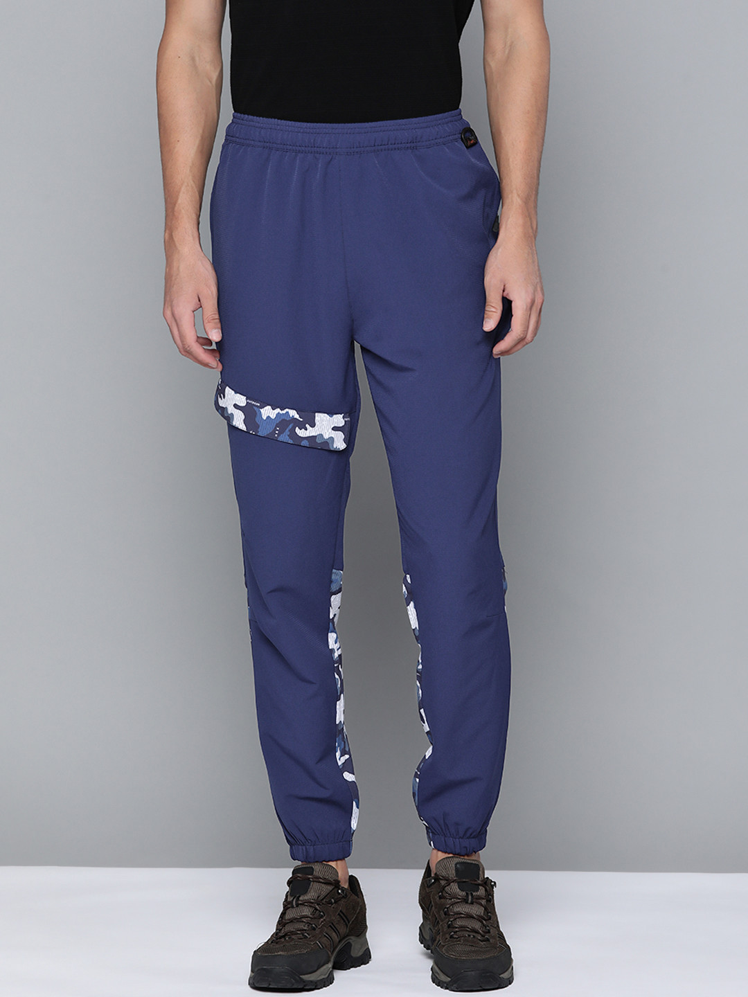 

HRX By Hrithik Roshan Outdoor Men Medieval Blue Lycra Camouflage Track Pants, Navy blue
