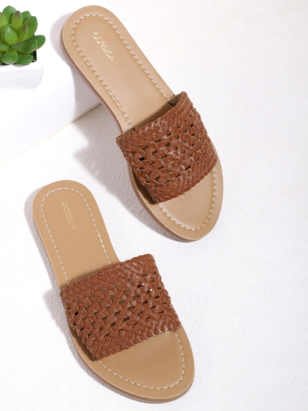 

CORSICA Women Brown Basketweave Open Toe Flats