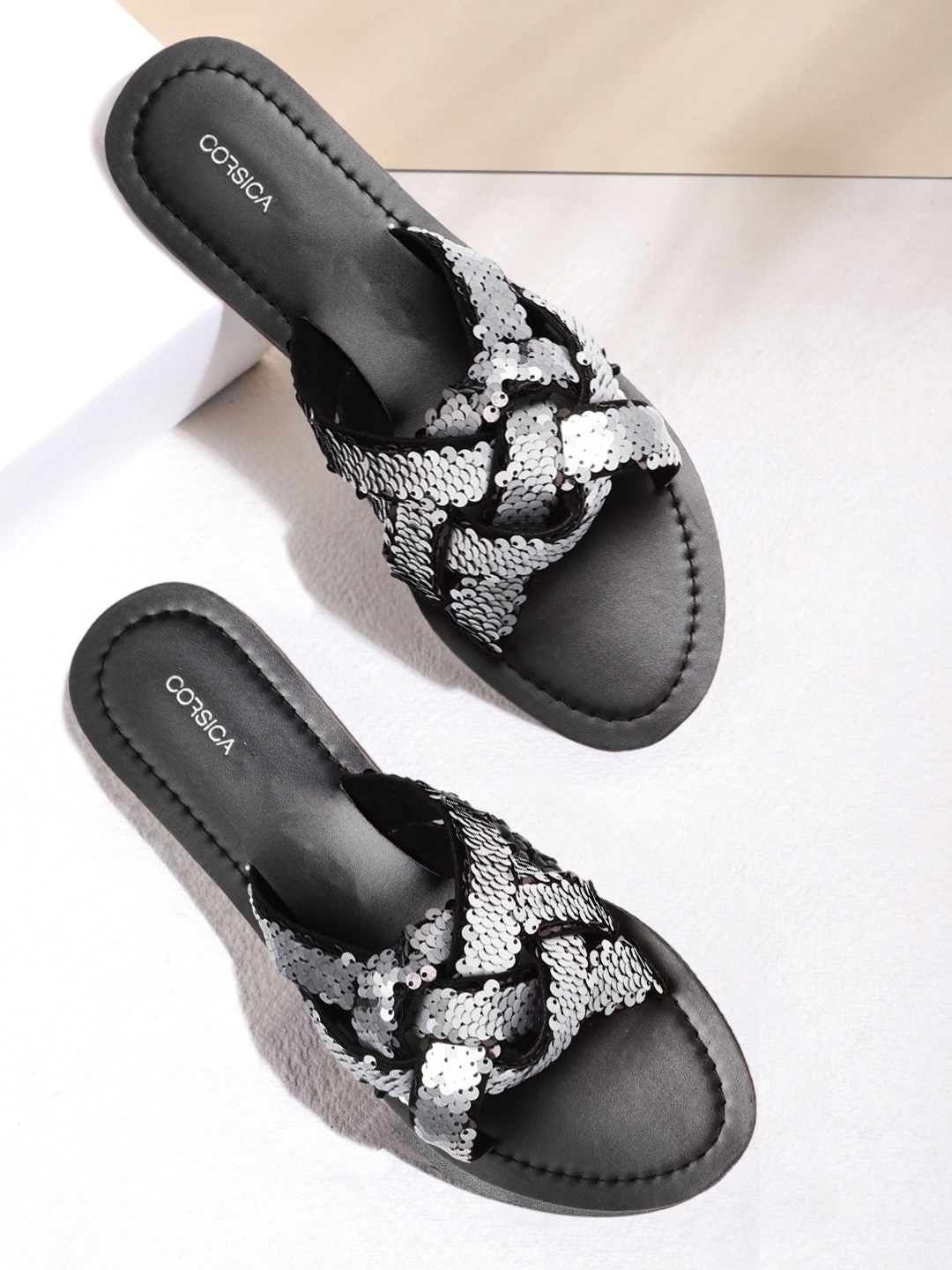 

CORSICA Women Silver-Toned & Black Flip Sequinned Open Toe Flats