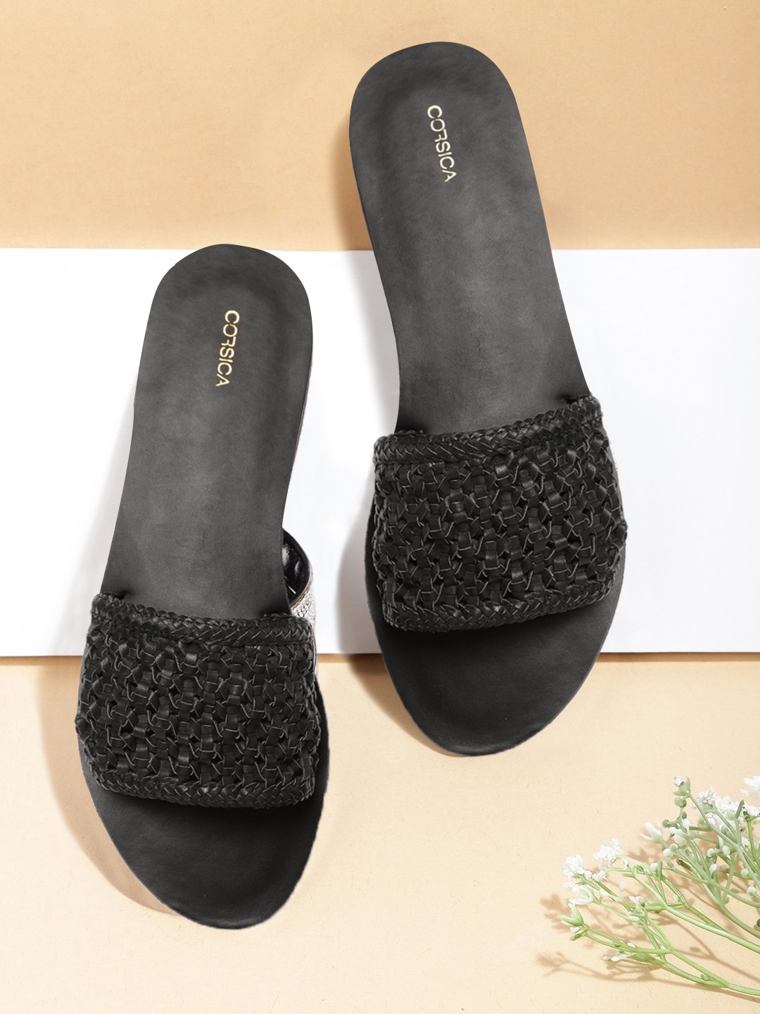 

CORSICA Women Black Woven Design Open Toe Flats