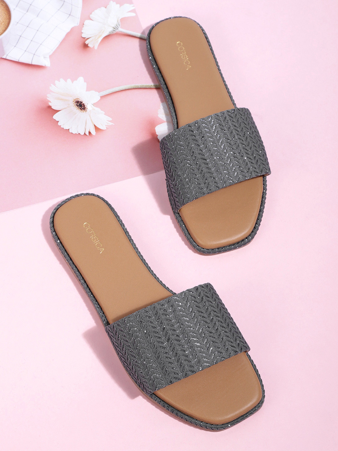 

CORSICA Women Charcoal Grey Chevron Woven Design Open Toe Flats