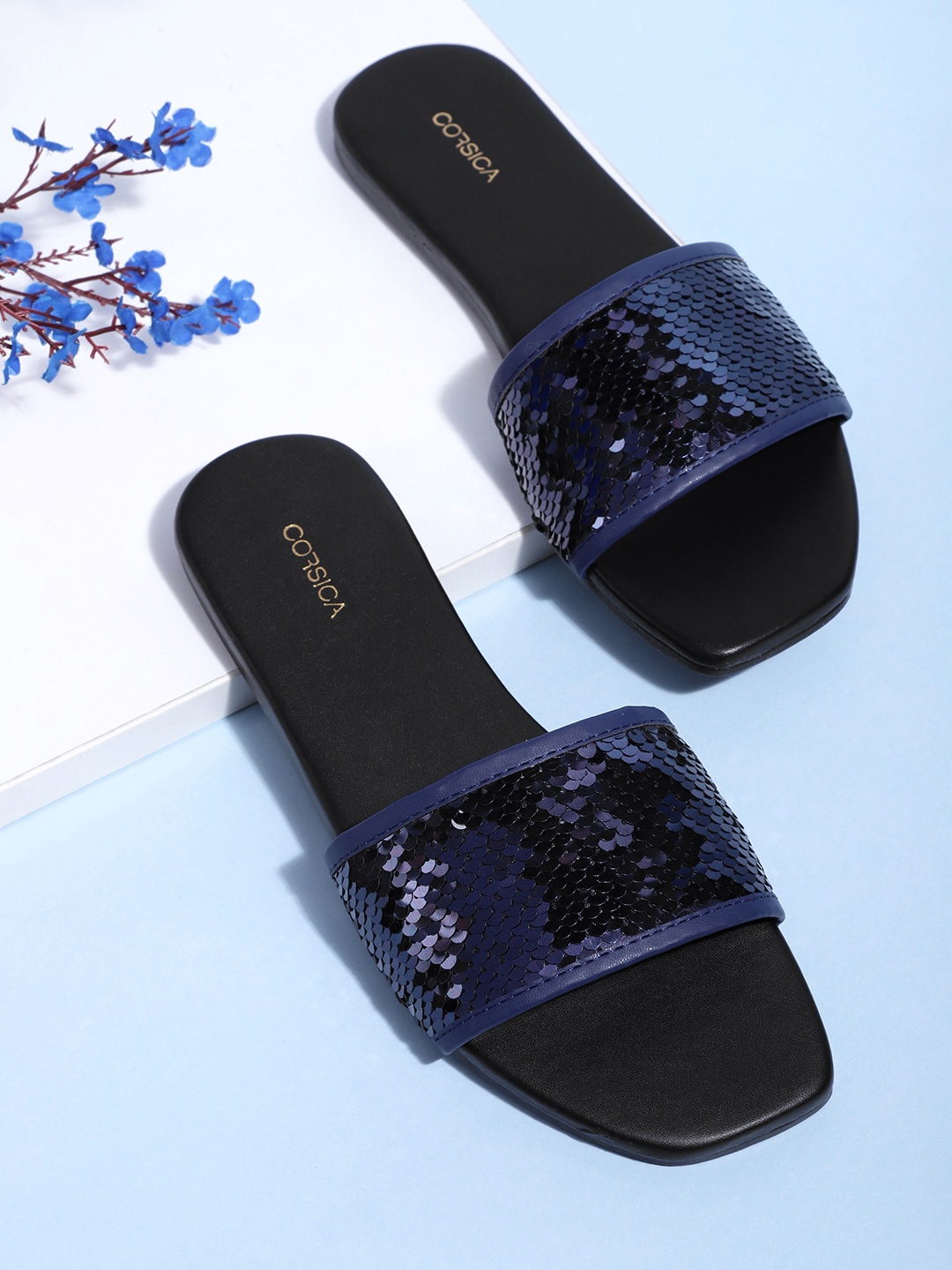 CORSICA Women Navy Blue Sequinned Open Toe Flats