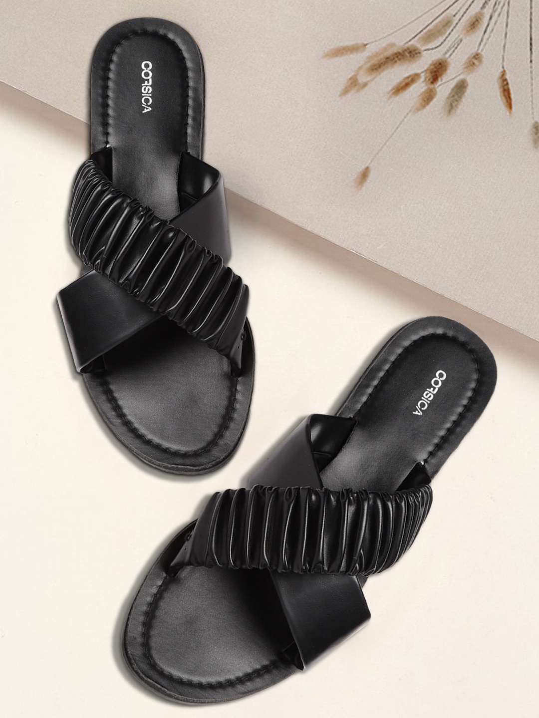 

CORSICA Women Black Ruched Open Toe Flats
