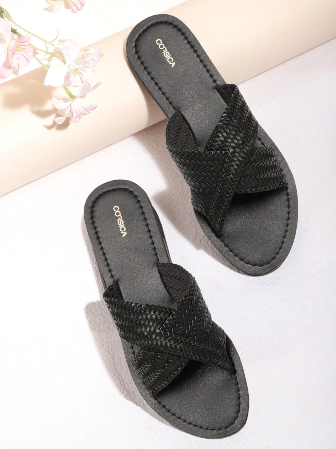 

CORSICA Women Black Woven Design Open Toe Flats