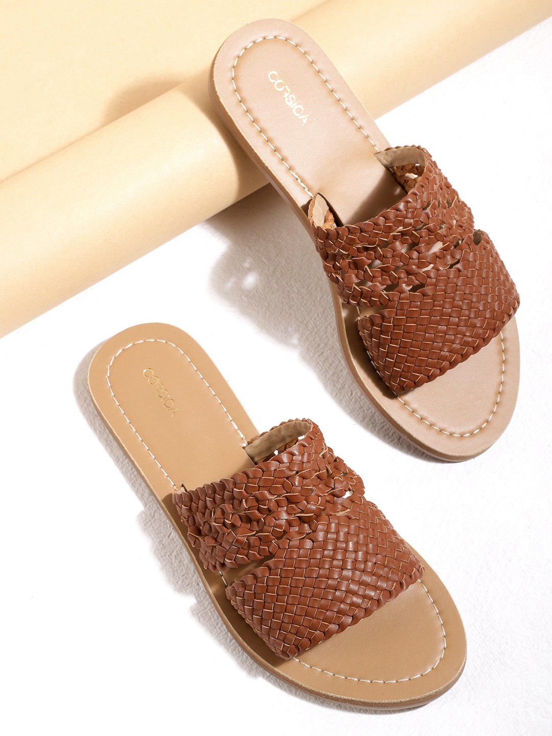 

CORSICA Women Brown Basketweave Open Toe Flats