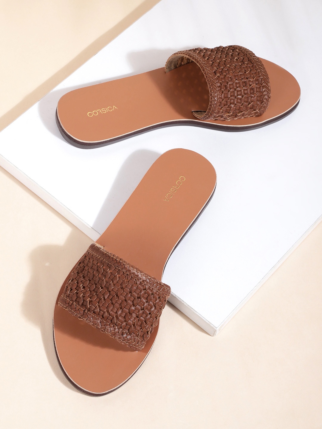 

CORSICA Women Tan Brown Braided Woven Design Open Toe Flats