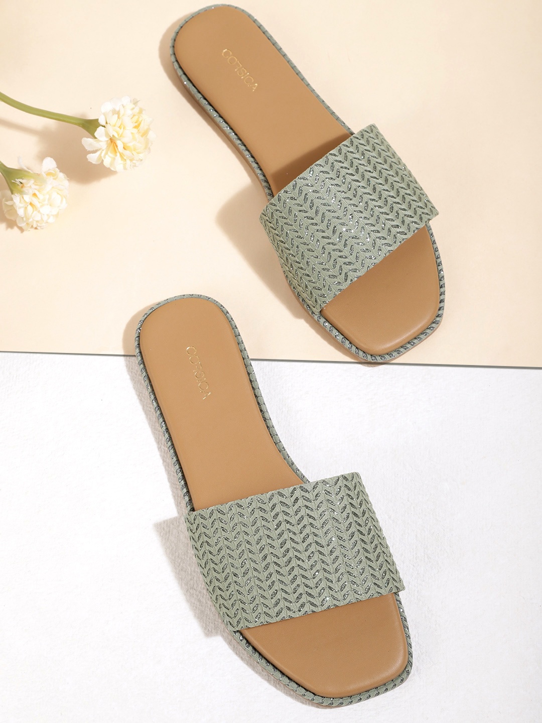 

CORSICA Women Olive Green Woven Design Open Toe Flats