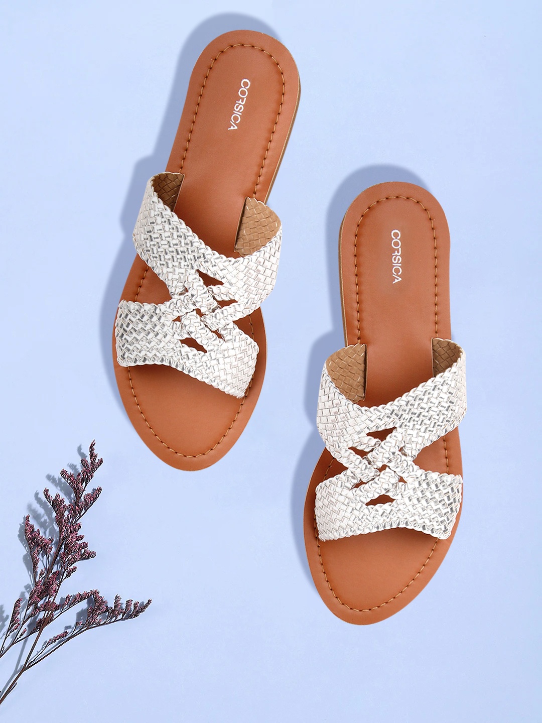 

CORSICA Women Silver-Toned Basketweave Open Toe Flats