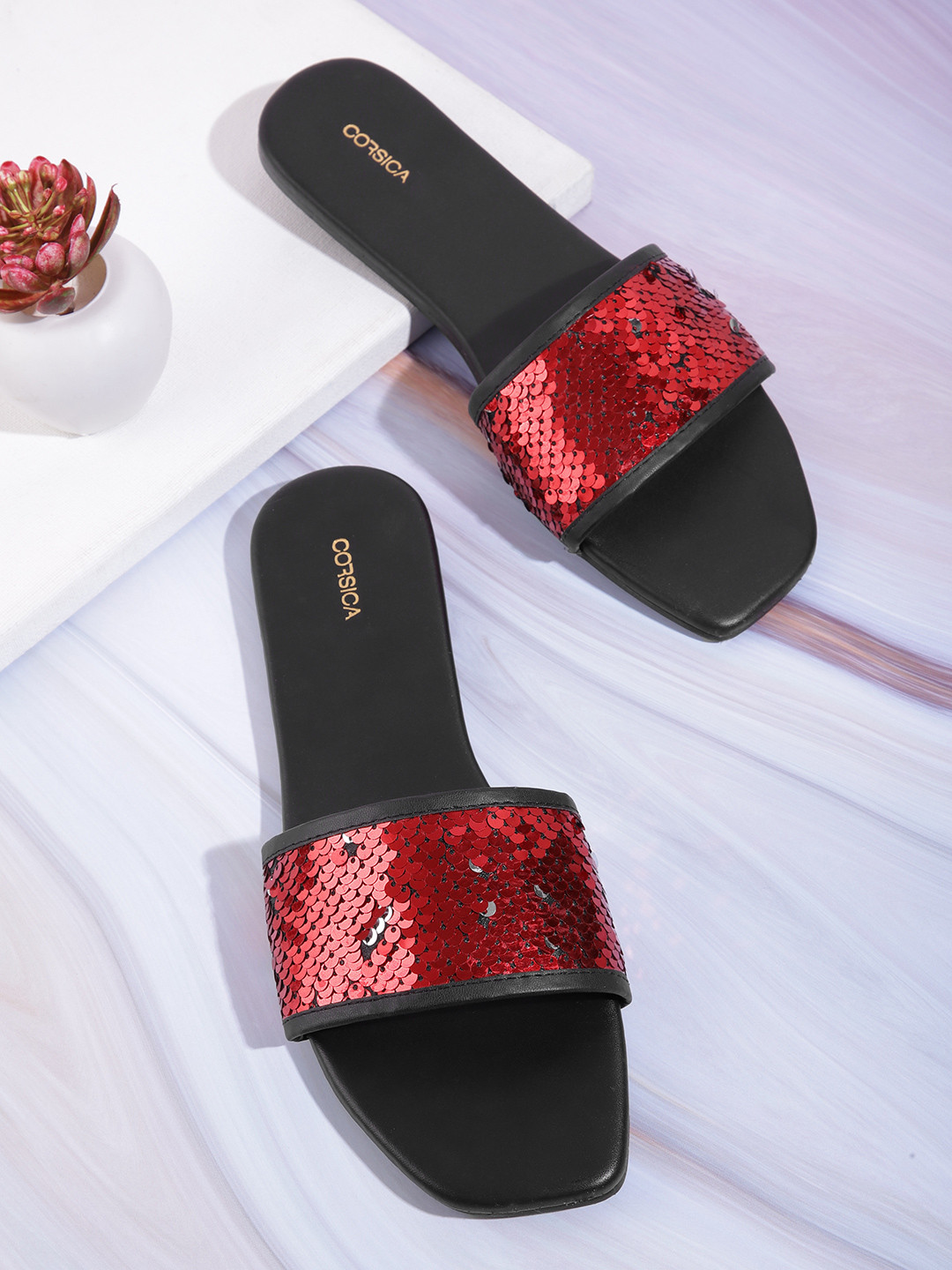 

CORSICA Women Red & Silver-Toned Flip Sequinned Open Toe Flats