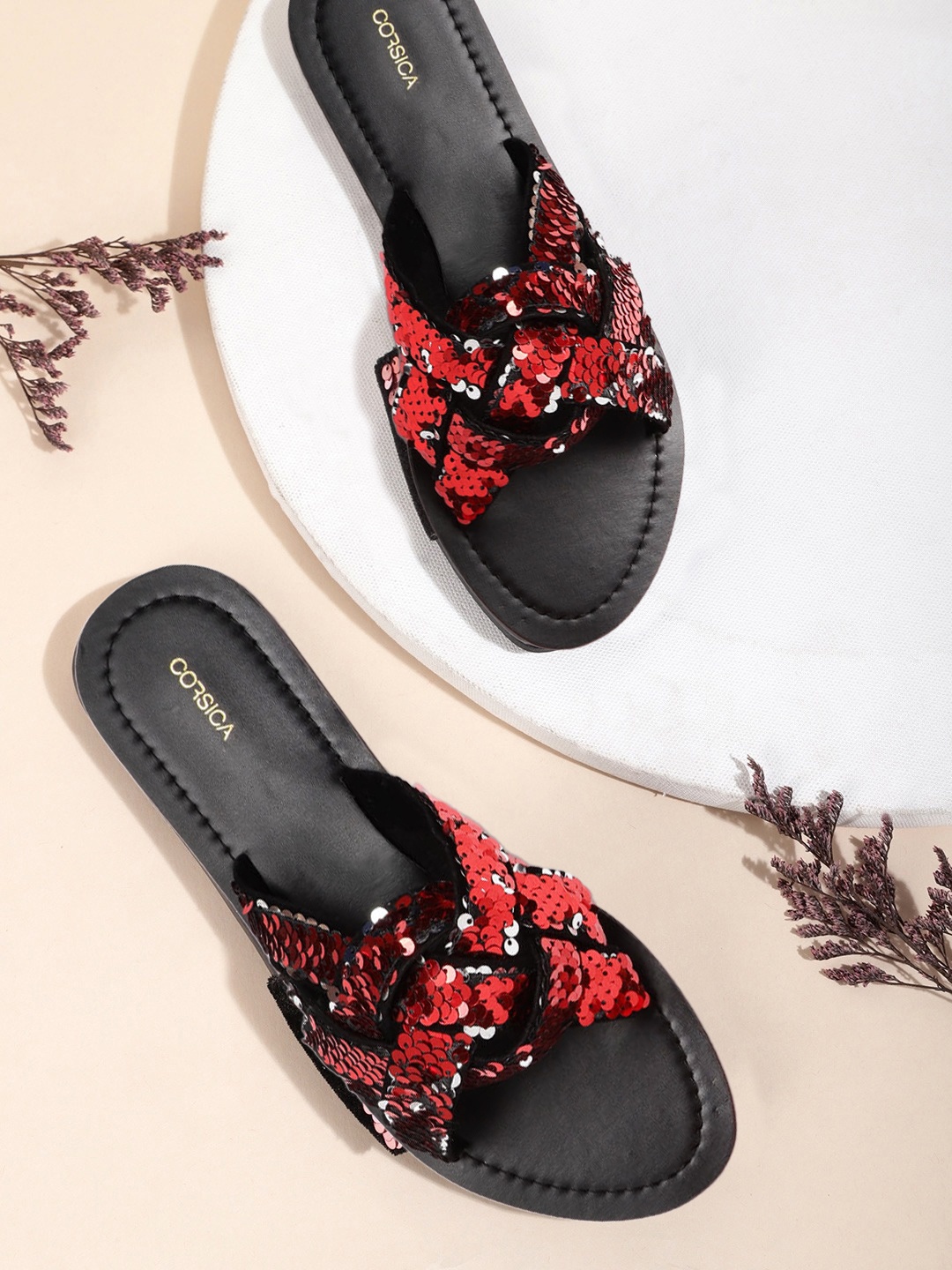

CORSICA Women Red & Silver-Toned Flip Sequinned Open Toe Flats
