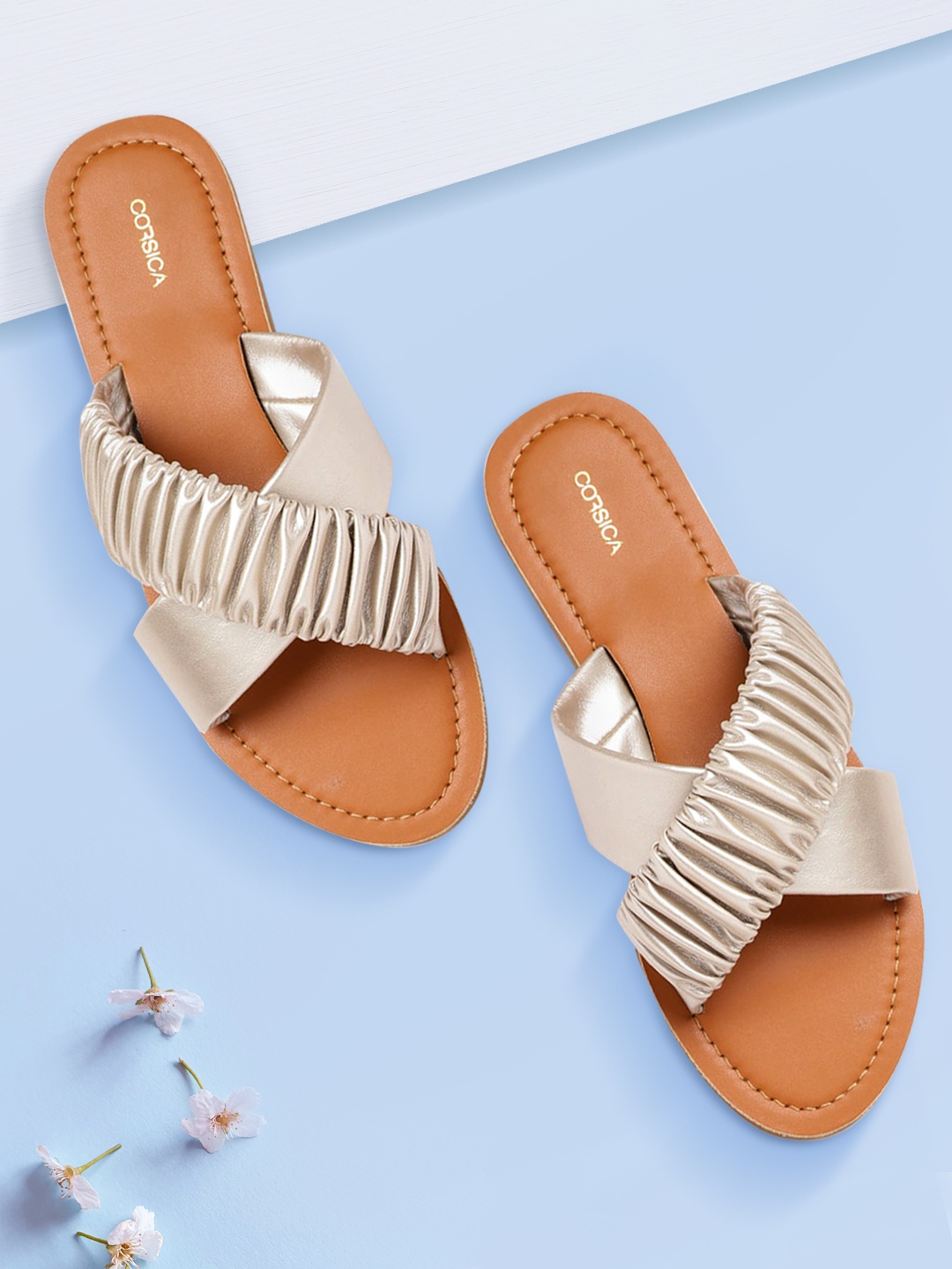 

CORSICA Women Muted Gold-Toned Ruched Open Toe Flats