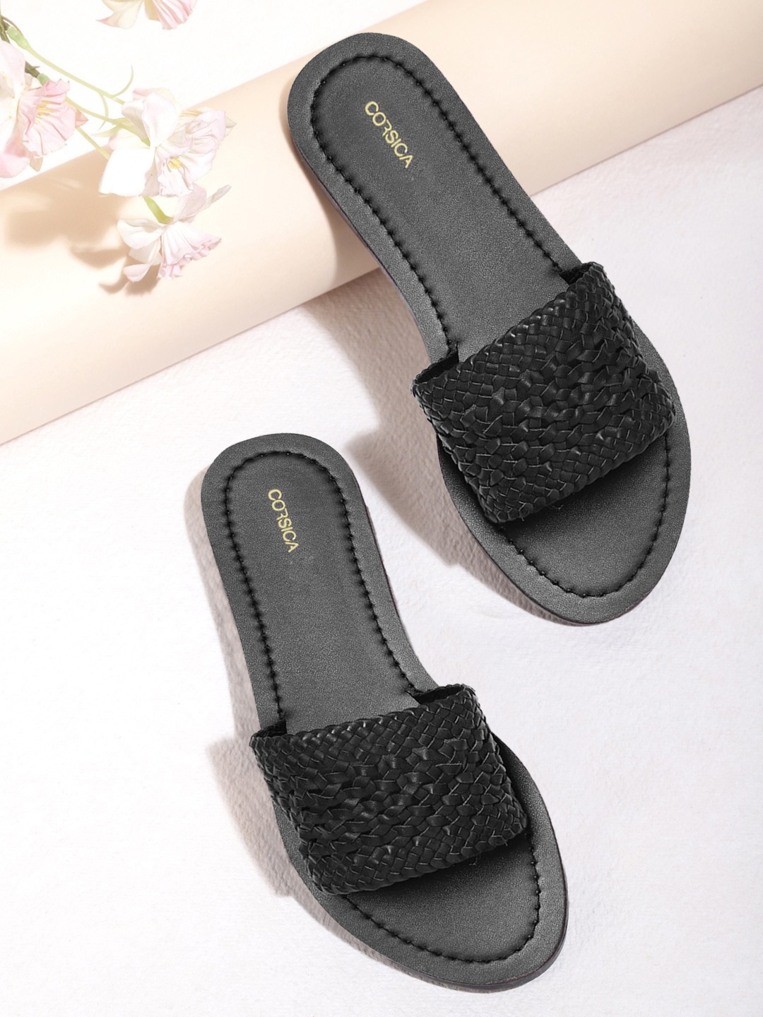 

CORSICA Women Black Basket Woven Design Open Toe Flats with Pouch