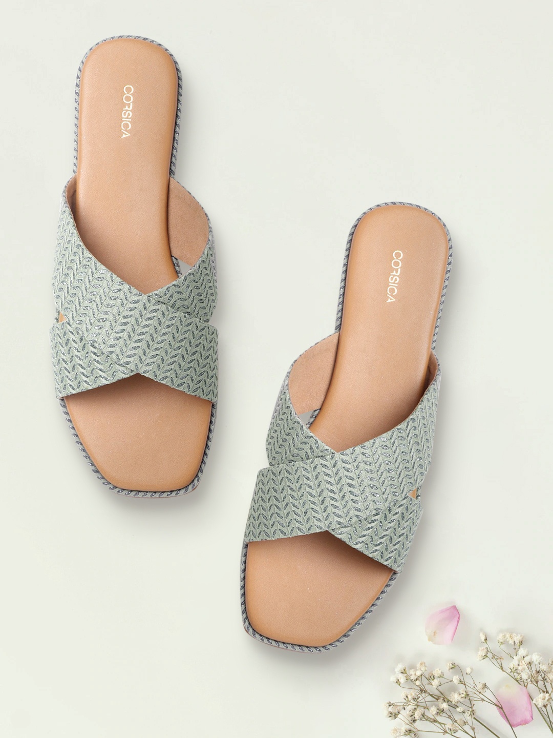 

CORSICA Women Olive Green Woven Design Open Toe Flats