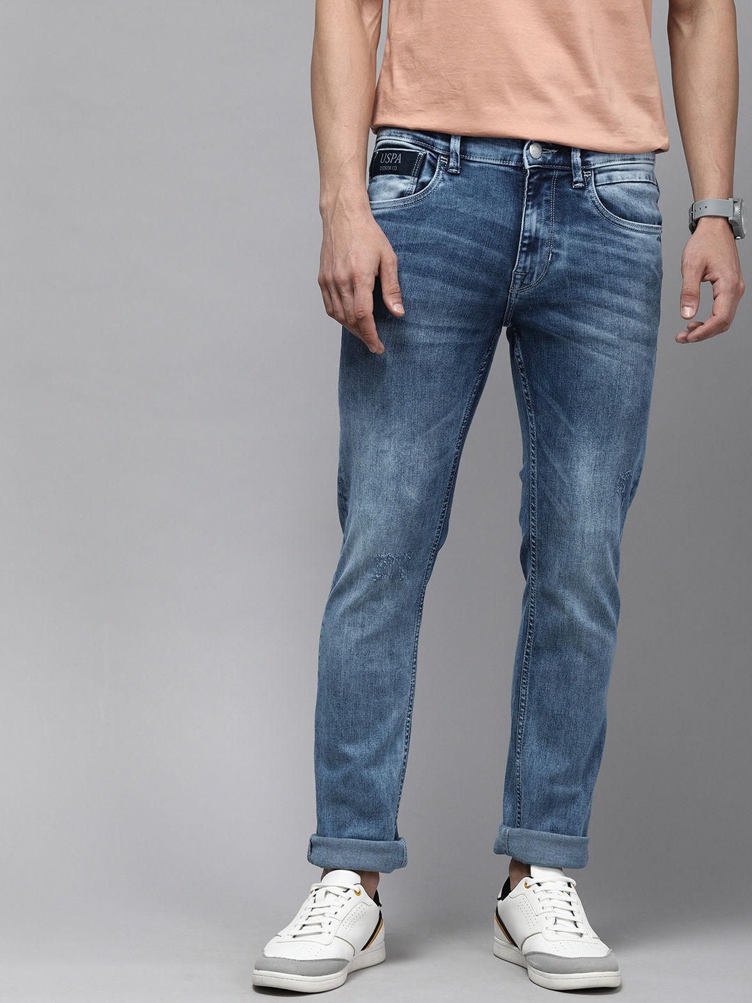 

U S Polo Assn Denim Co Men Blue Regallo Skinny Fit Low Distress Heavy Fade Jeans