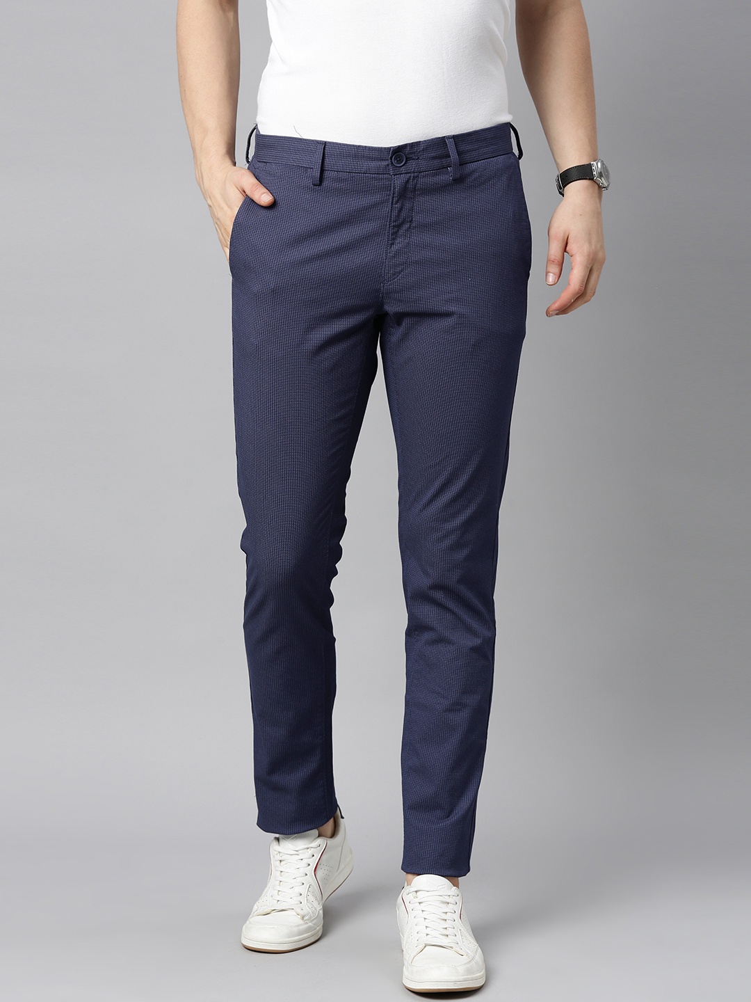 

U S Polo Assn Men Navy Blue Checked Trousers