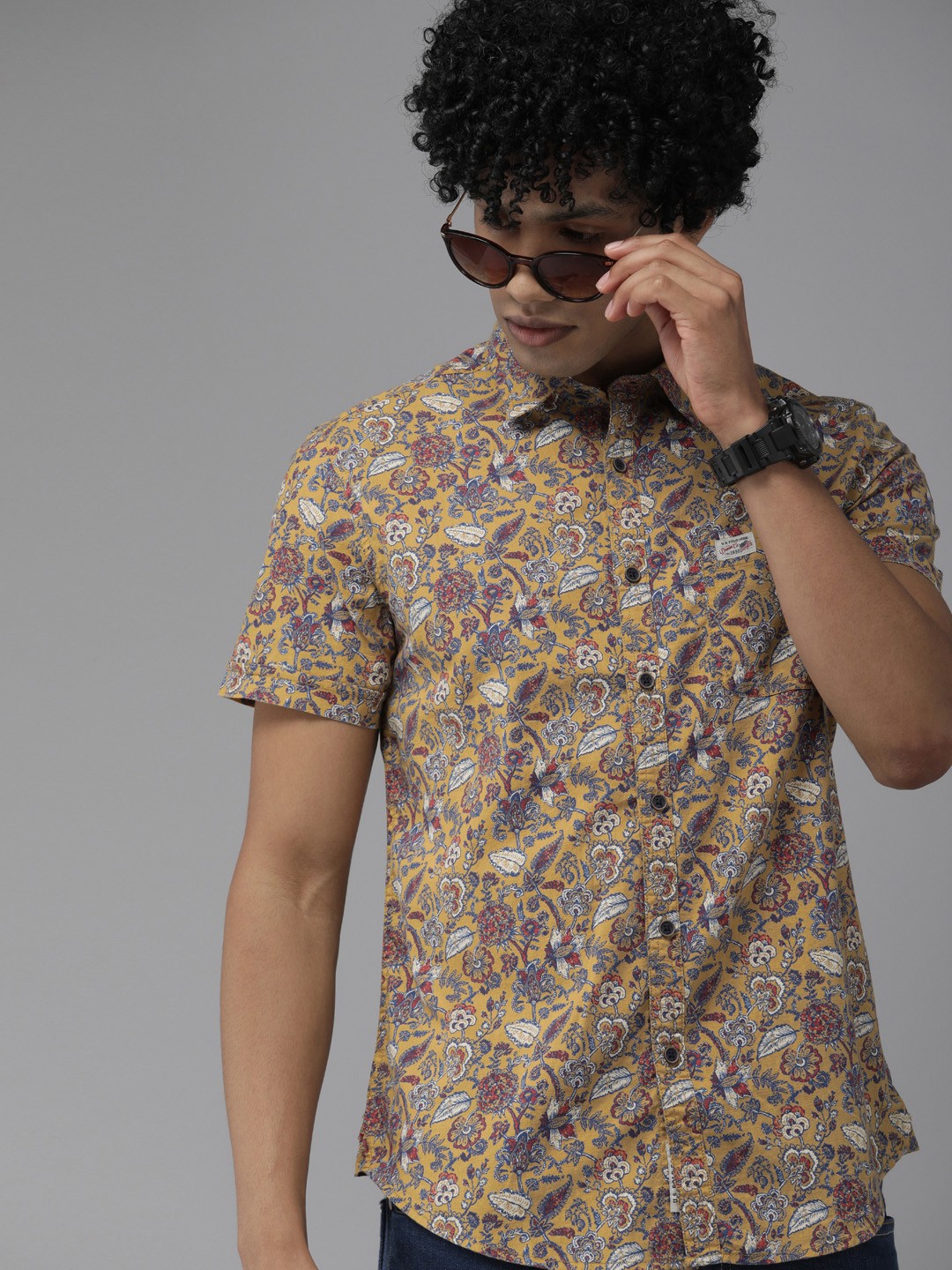 

U S Polo Assn Denim Co Men Mustard Yellow & Red Floral Printed Casual Shirt