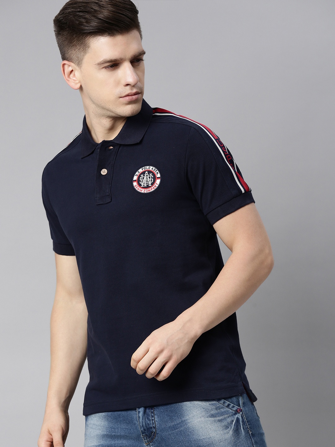 

U S Polo Assn Denim Co Men Navy Blue Brand Logo Printed Polo Collar Pure Cotton T-shirt