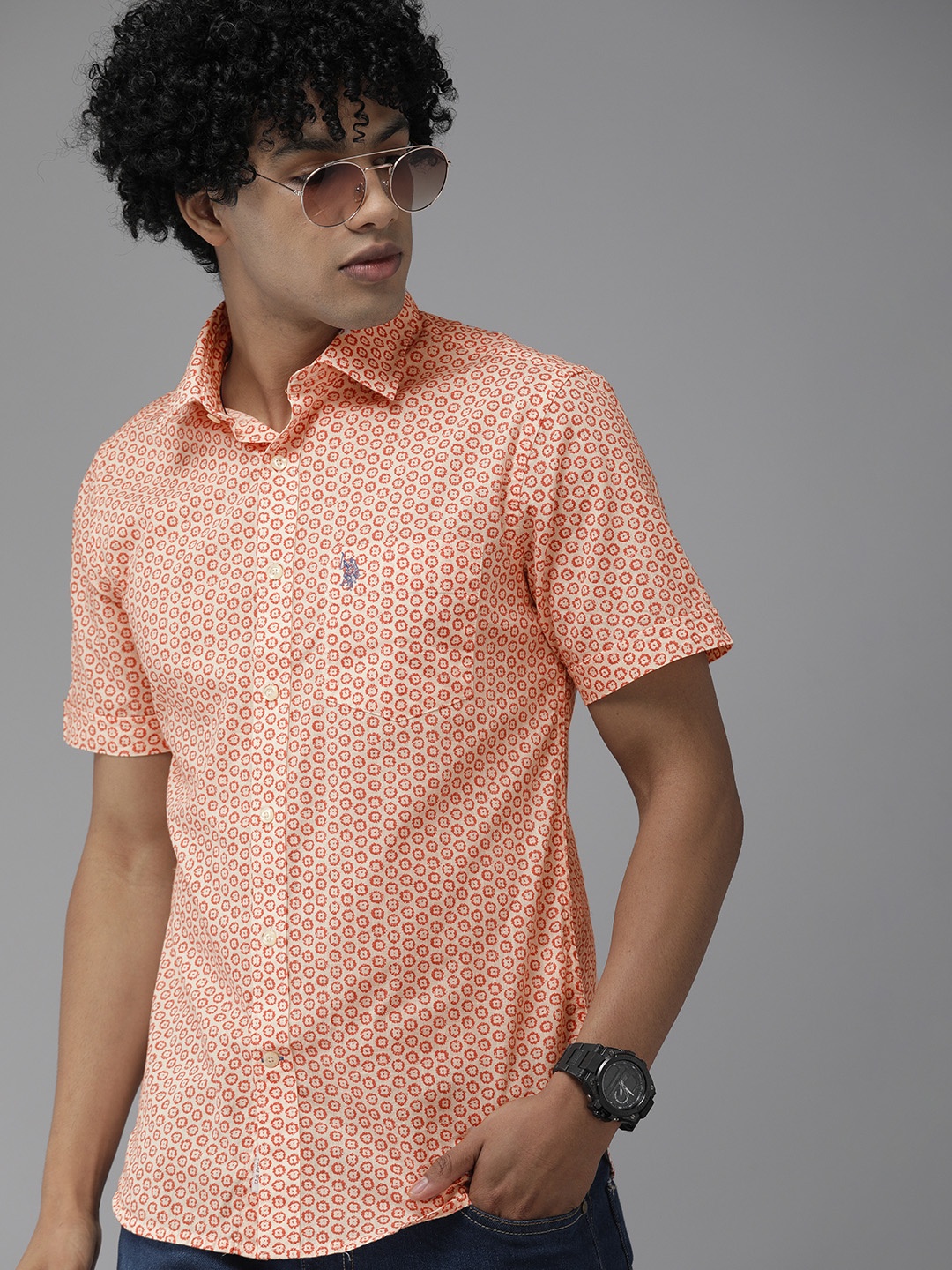 

U S Polo Assn Men Peach-Coloured Tailored Fit Printed Casual Shirt