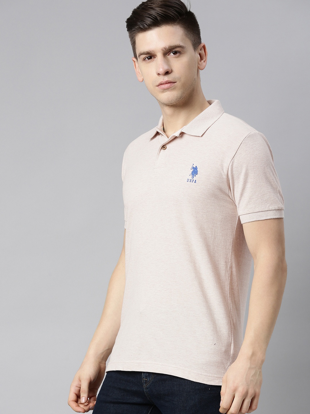

U S Polo Assn Men Cream-Coloured Solid Polo Collar Slim Fit Pure Cotton T-shirt