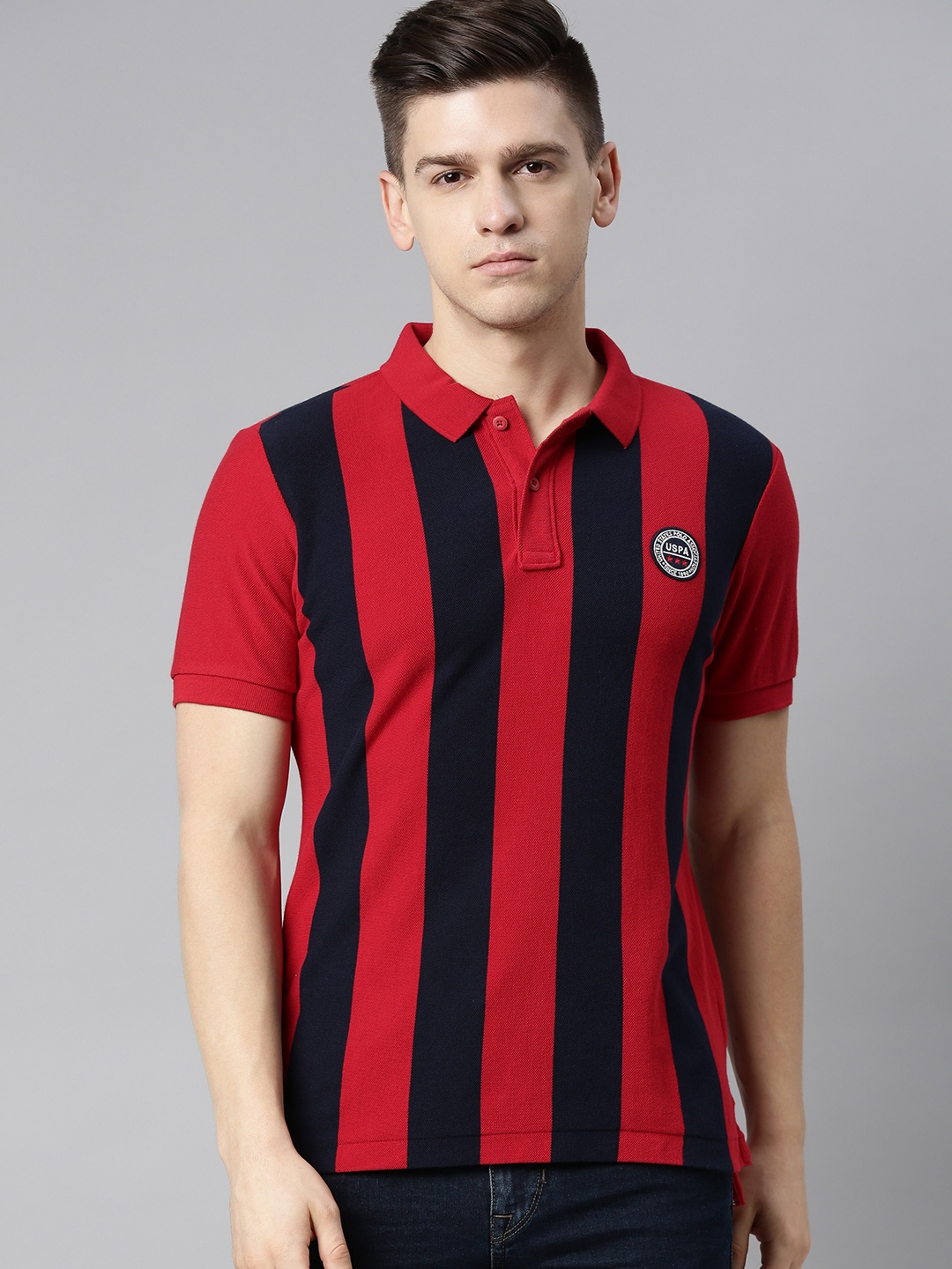 

U S Polo Assn Men Red Black Striped Polo Collar Slim Fit Pure Cotton T-shirt