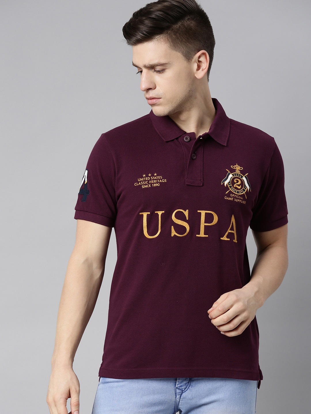 

U S Polo Assn Men Purple Gold-Toned Brand Logo Printed Polo Collar Applique Slim Fit Pure Cotton T-shirt