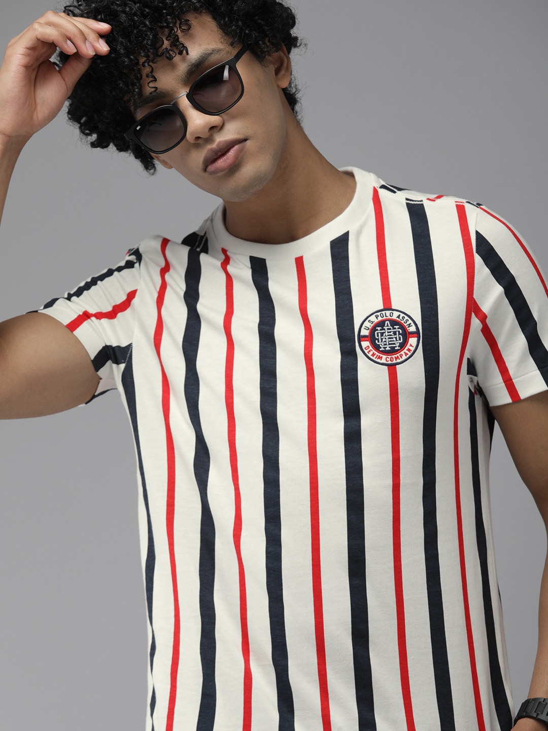 

U S Polo Assn Denim Co Men White Orange Striped Pure Cotton T-shirt