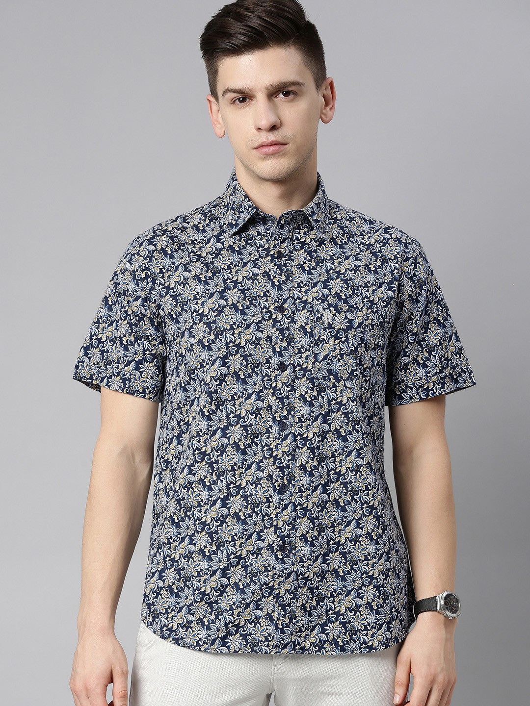 

U S Polo Assn Men Navy Blue Tailored Fit Floral Printed Casual Shirt