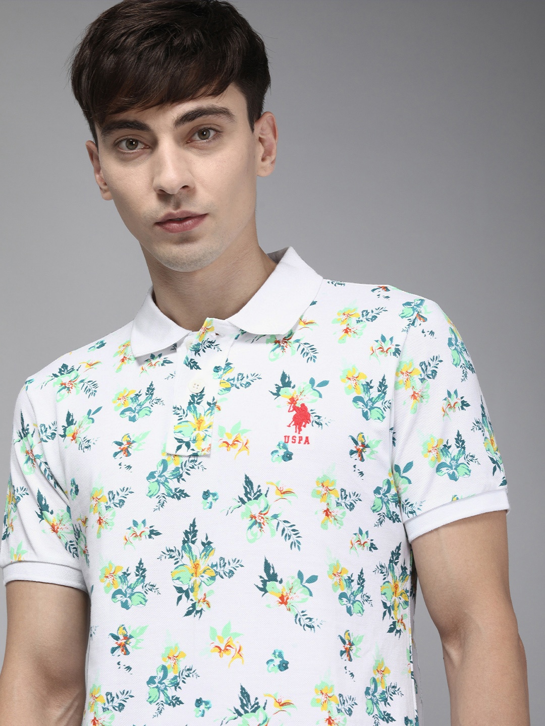 

U S Polo Assn Men White & Blue Floral Printed Polo Collar Slim Fit Pure Cotton T-shirt
