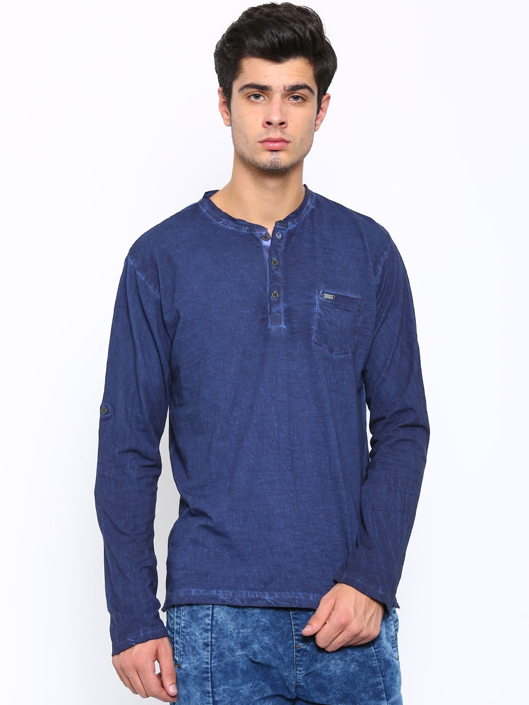

LOCOMOTIVE Men Navy Solid Henley Pure Cotton T-shirt, Navy blue