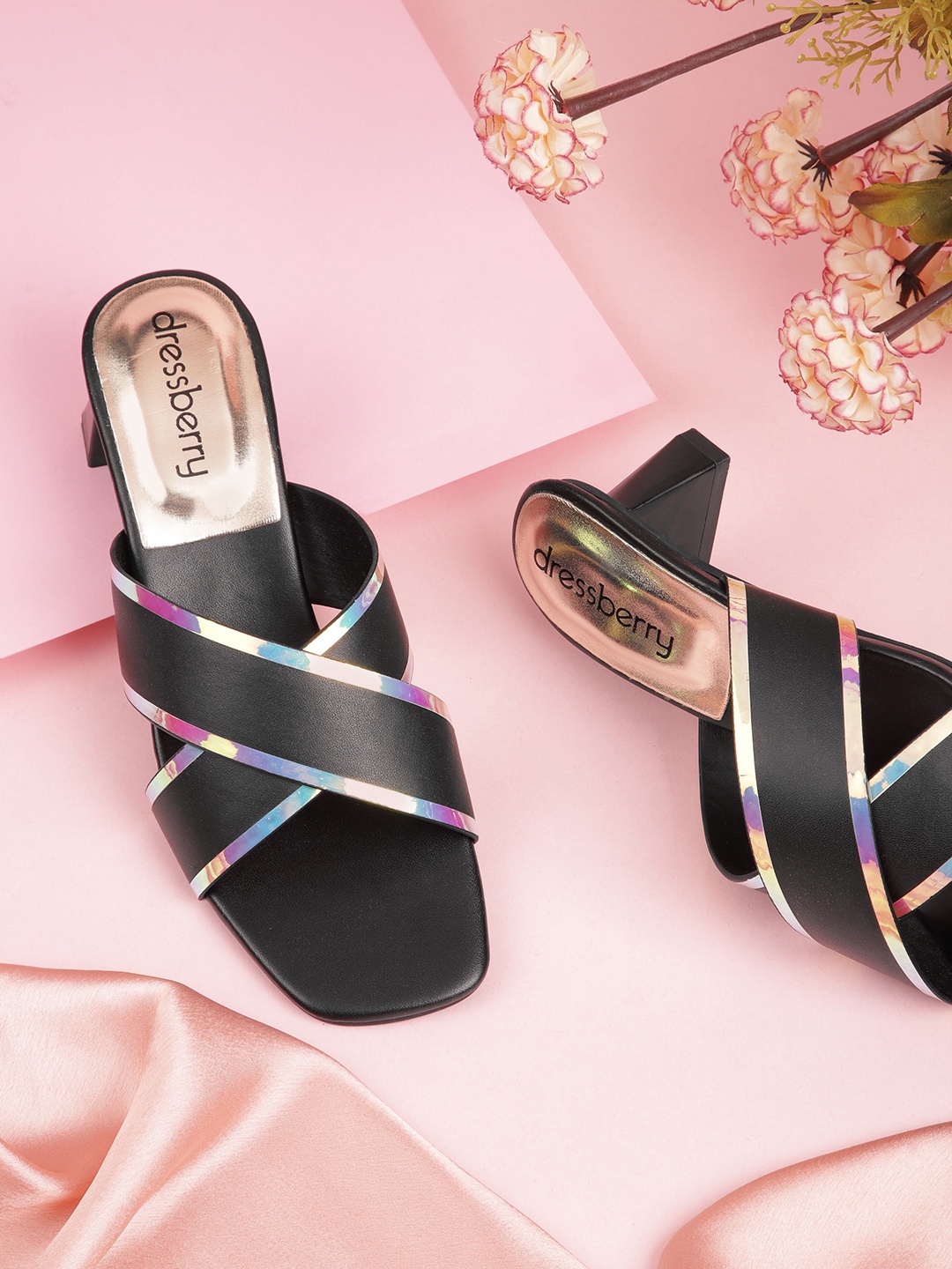 

DressBerry Black Embellished PU Block Sandals