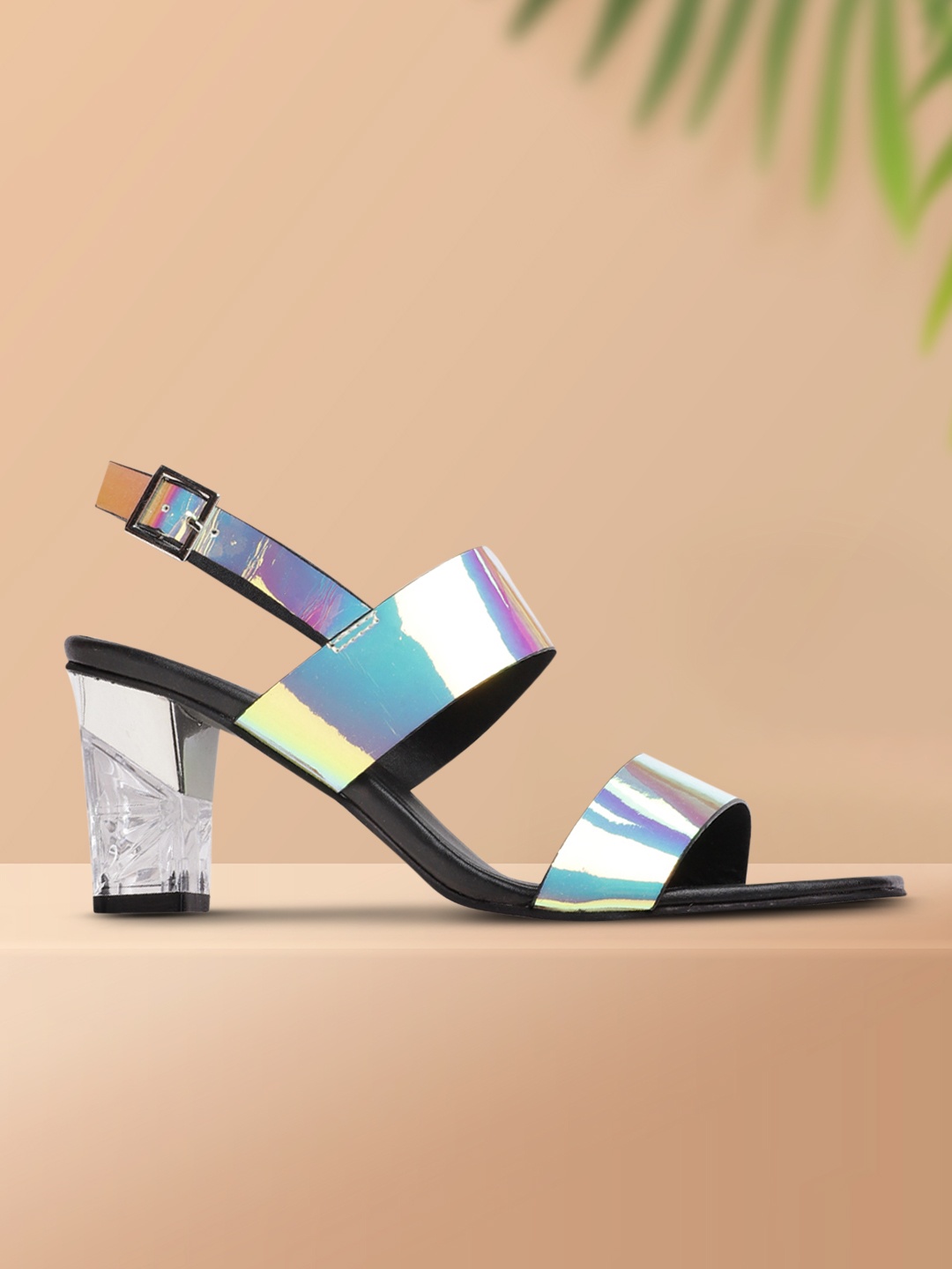 

DressBerry Silver-Toned & Blue Iridescent Effect Block Heels