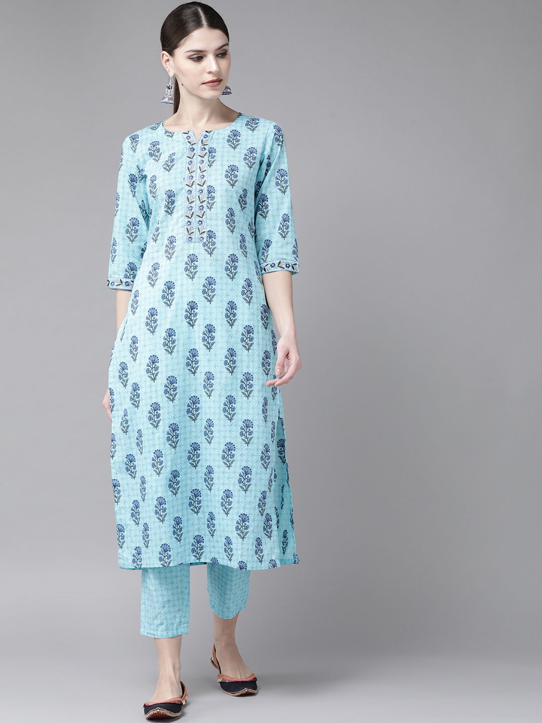 

Libas Women Turquoise Floral Printed Cotton Kurta with Trousers, Turquoise blue