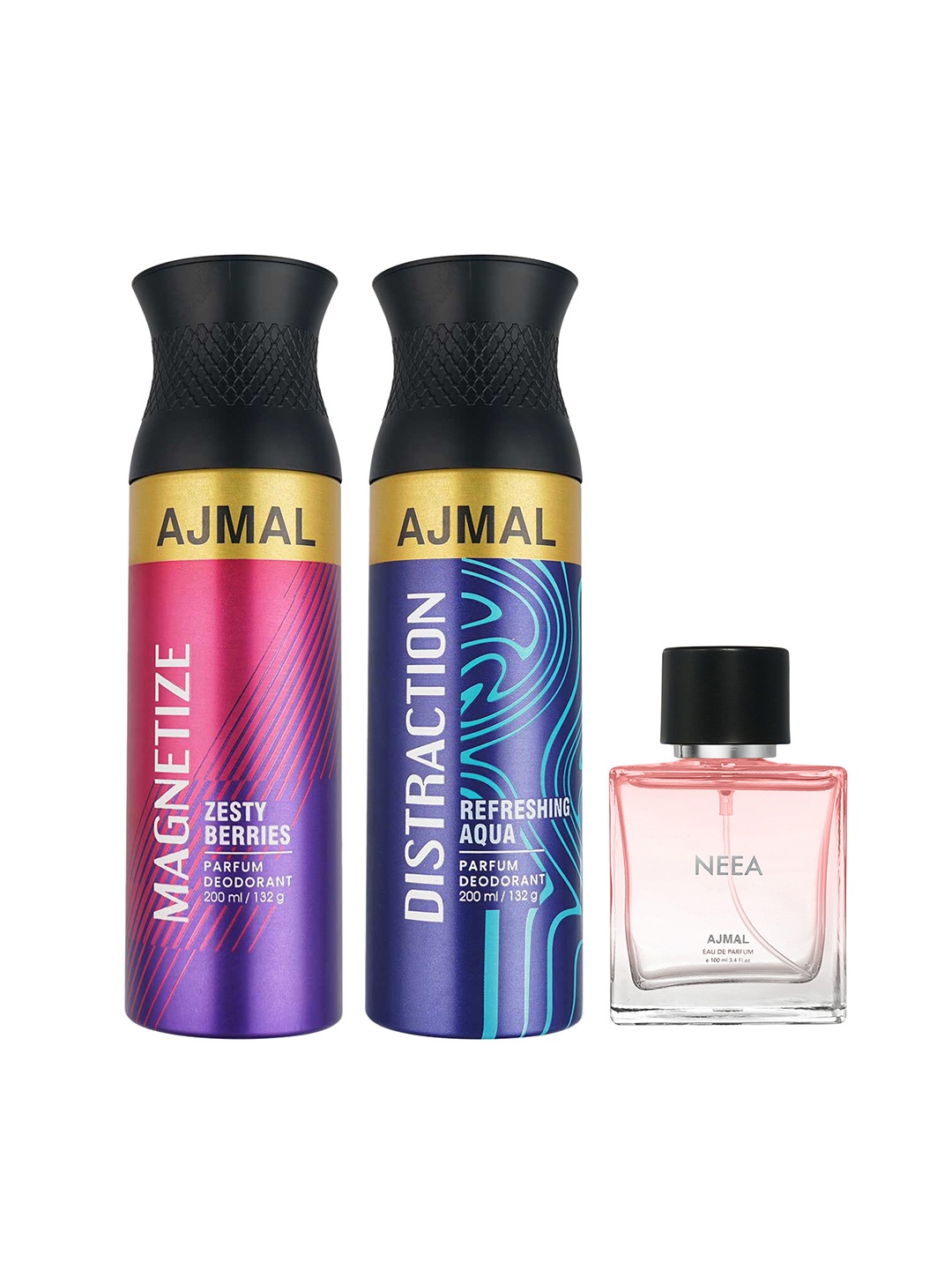 

Ajmal Magnetize Distraction Neea Deodorant & Eu de Parfum Combo 420 ml, Transparent