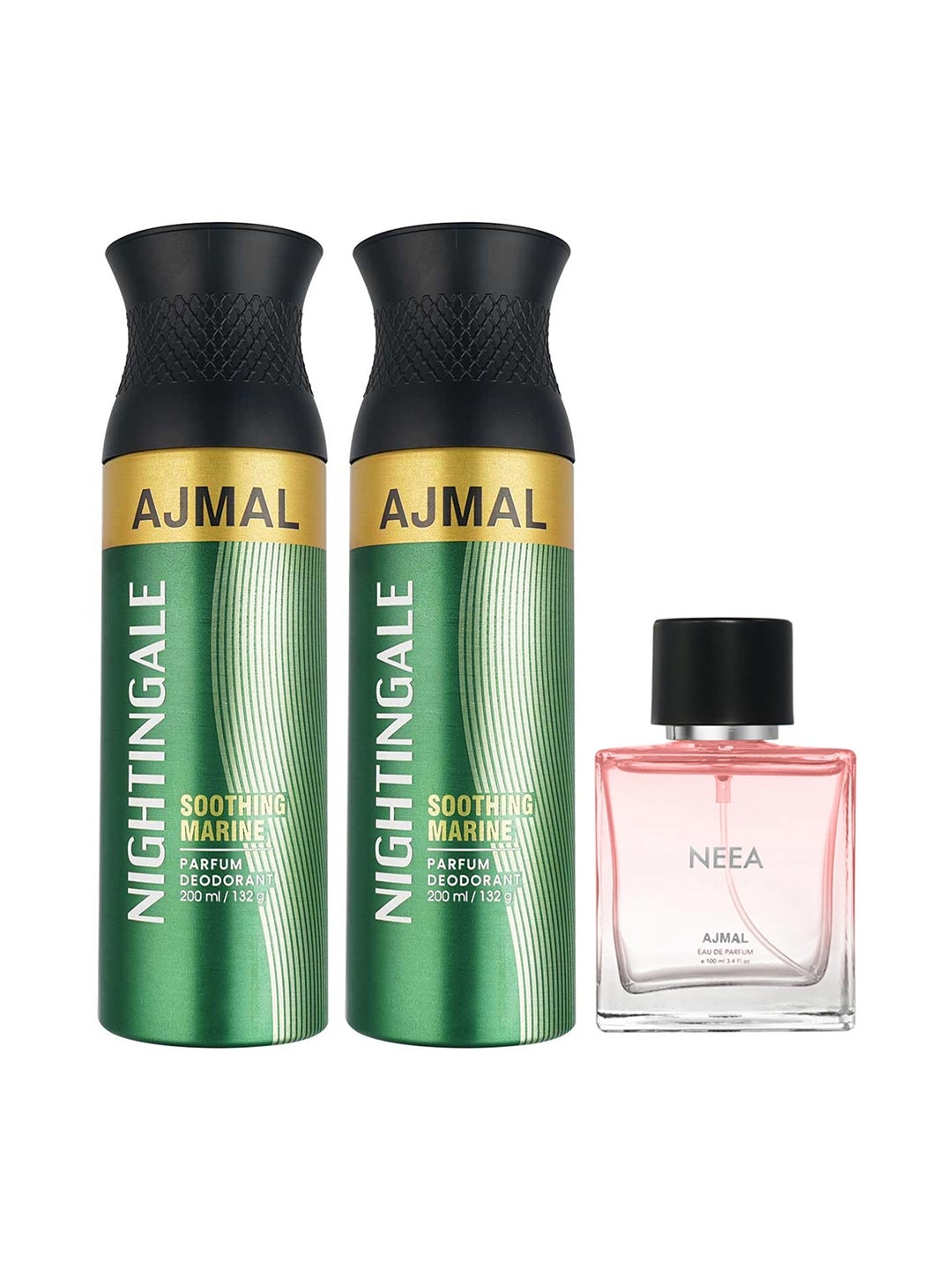 

Ajmal Pack of 3 Nightingle Neea Deodorant & Eu de Parfum Combo 420 ml, Transparent