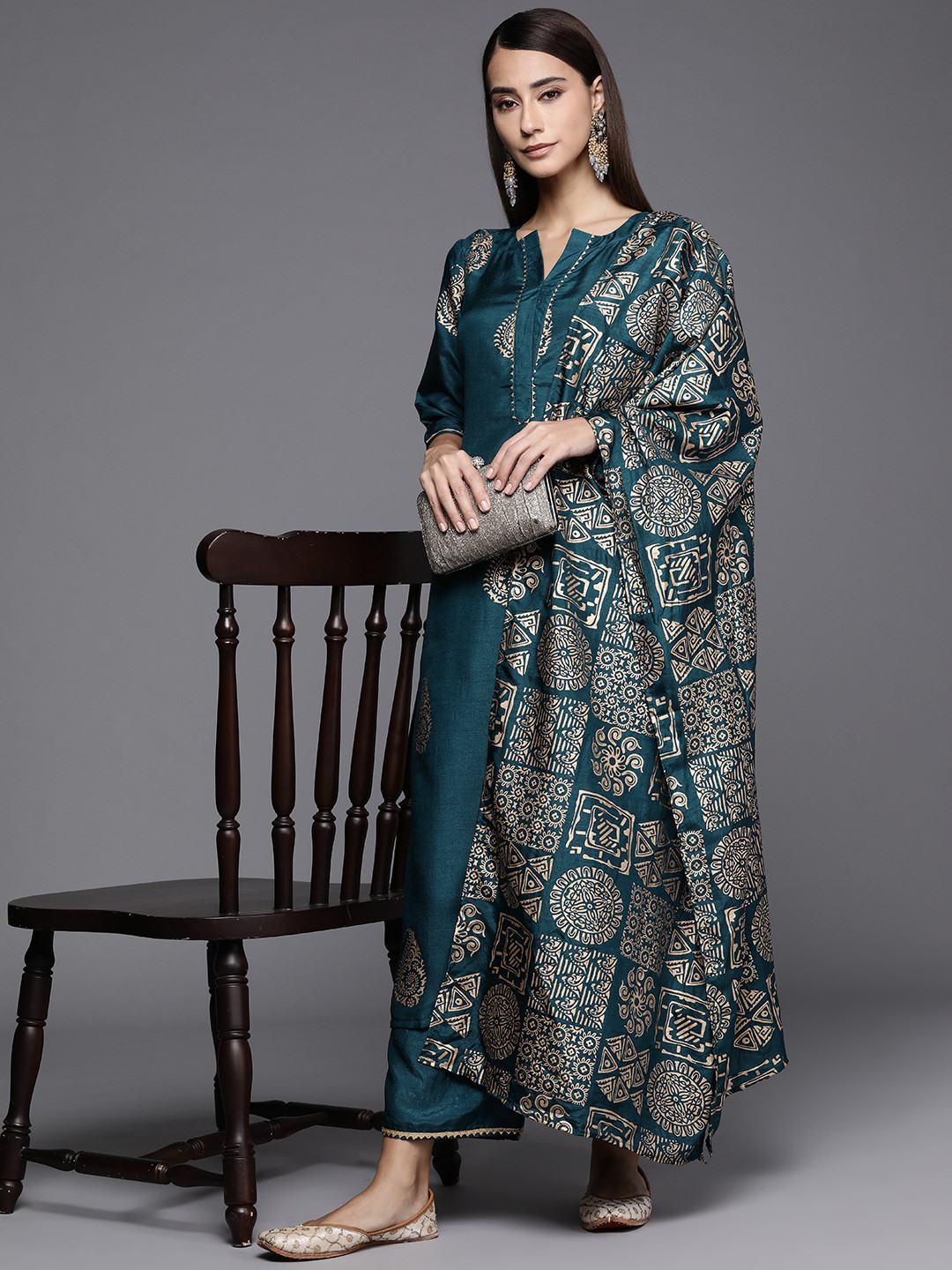 

Libas Women Teal & Golden Printed Gotta Patti Kurta with Palazzos & With Dupatta