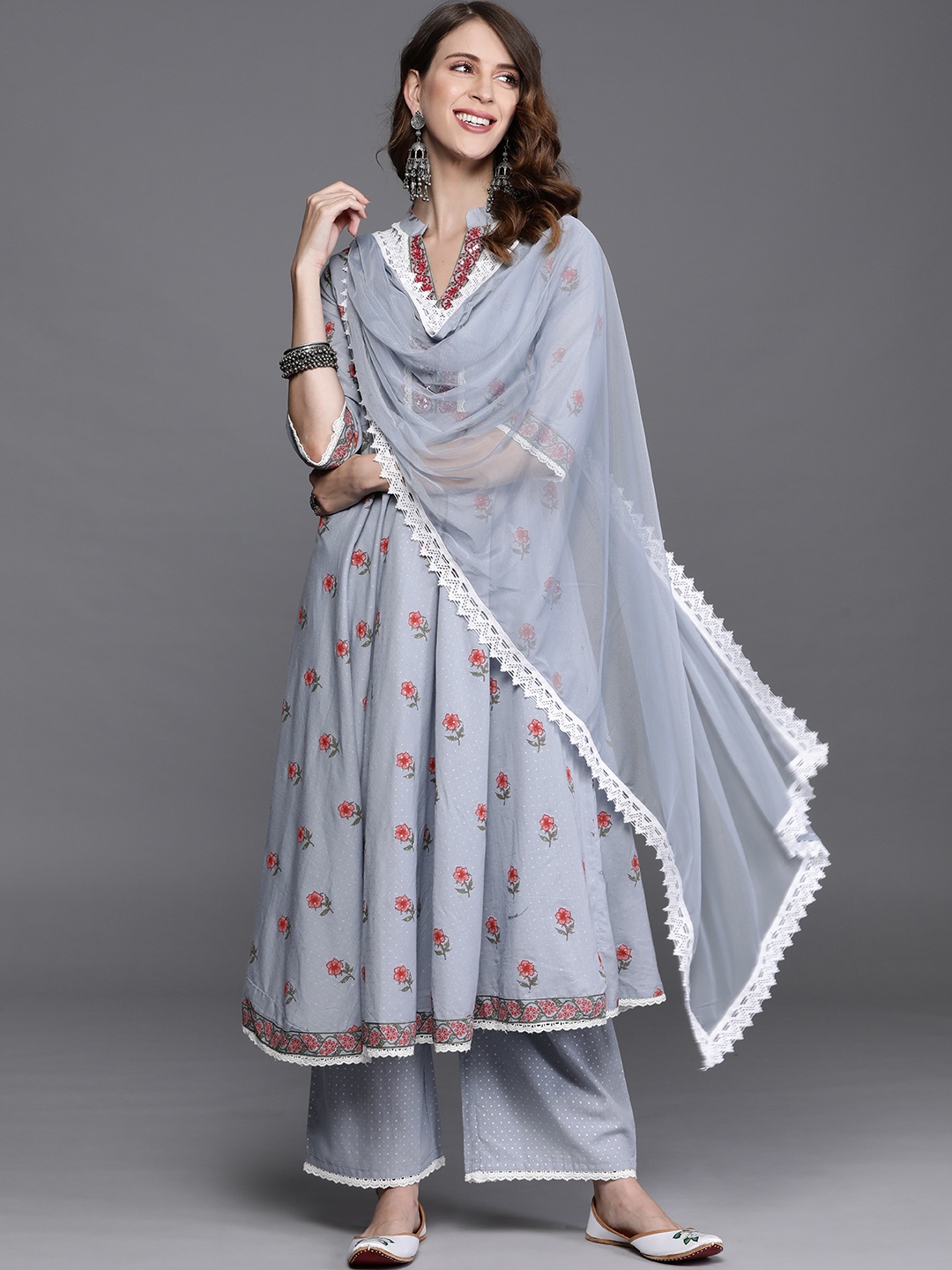 

Libas Women Grey Floral Printed Regular Pure Cotton Kurta with Trousers & Dupatta