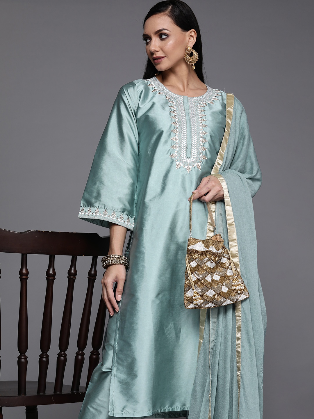 

Libas Women Grey Yoke Design Kurta with Trousers & Dupatta