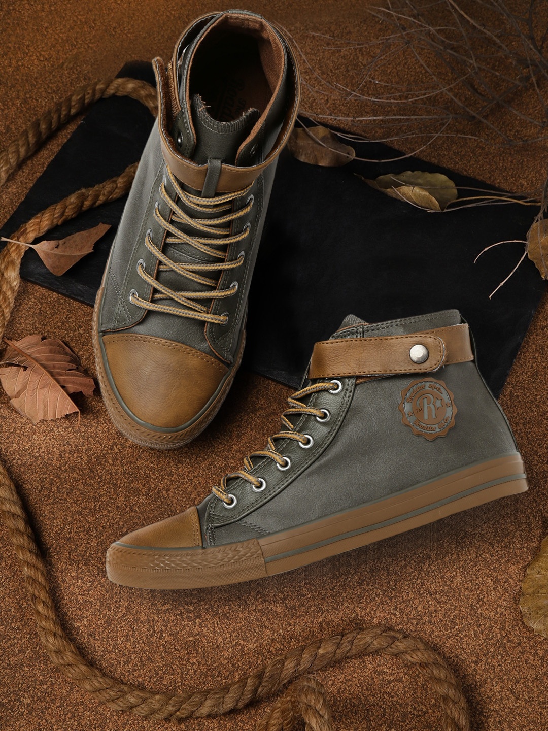 

Roadster Men Grey & Brown Colourblocked Mid-Top Sneakers