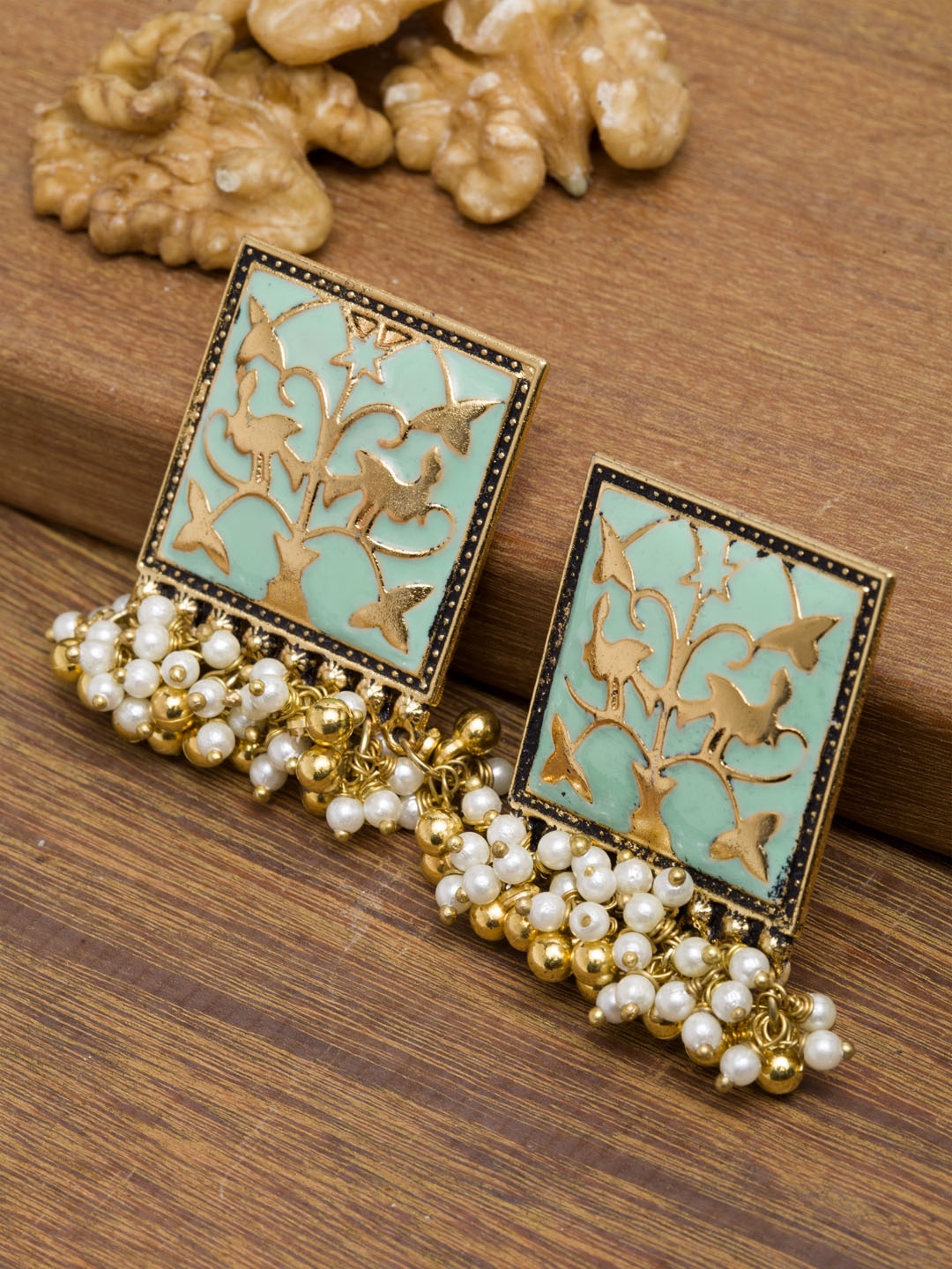 

PANASH Gold-Toned & Sea Green Contemporary Drop Earrings