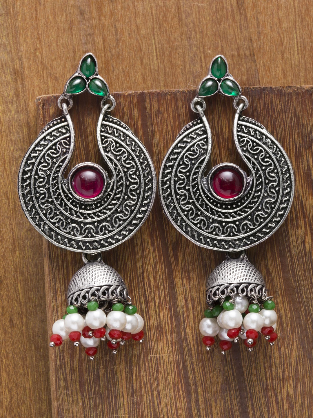 

PANASH Silver-Toned Stoned Studded Contemporary Drop Earrings