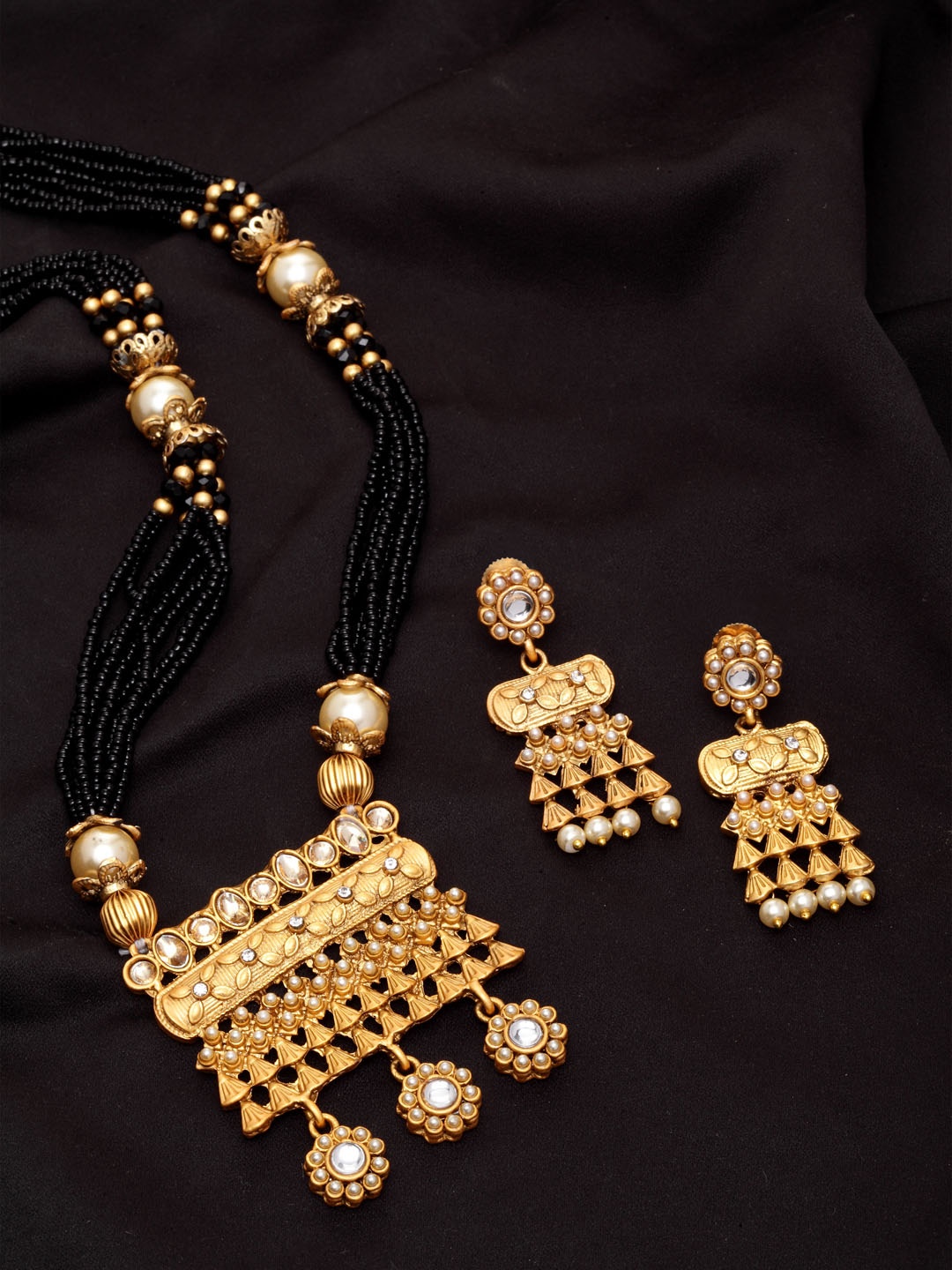 

PANASH Gold-Plated Black Beads Stone-Studded Handcrafted Mangalsutra With Earrings