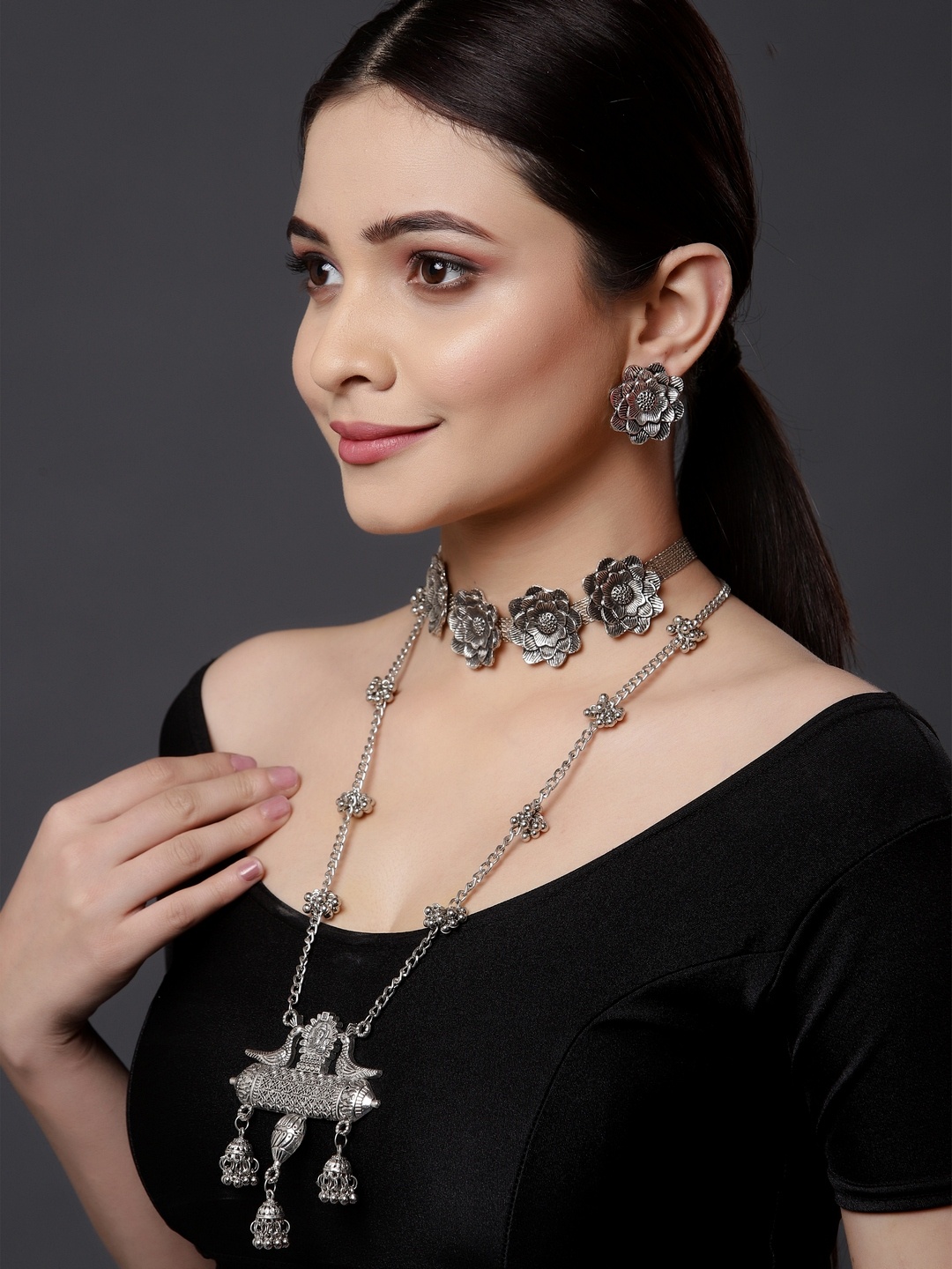

PANASH Silver-Plated Oxidised Handcrafted Jewellery Set