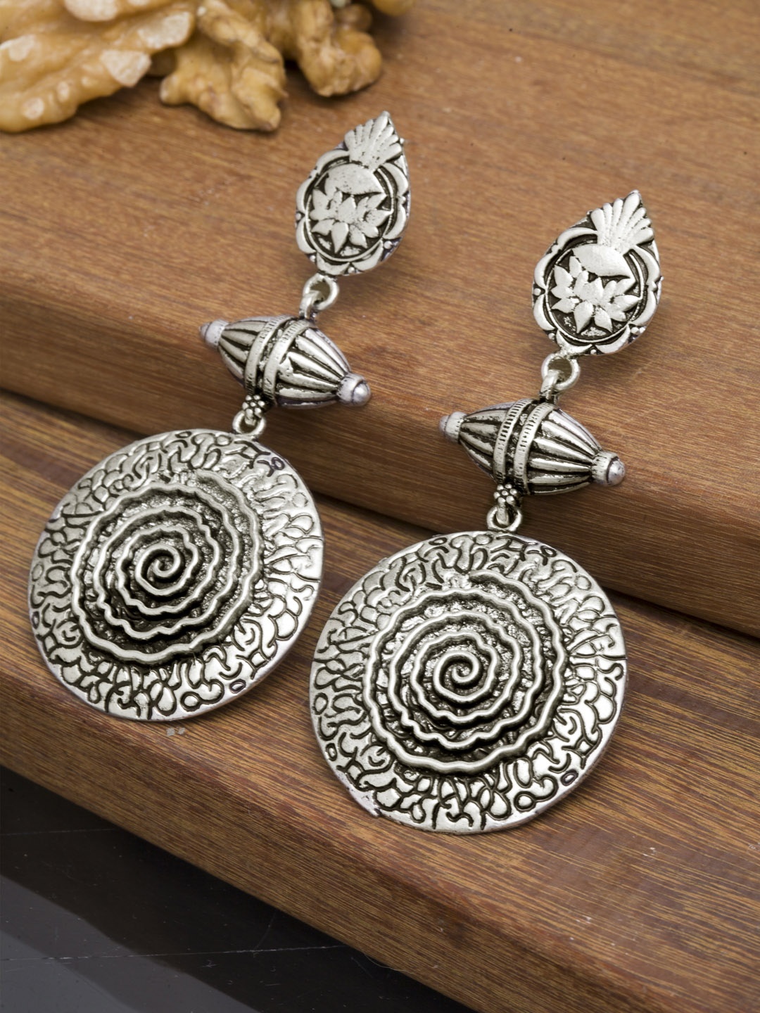 

PANASH Silver-Toned Contemporary Oxidized Drop Earrings
