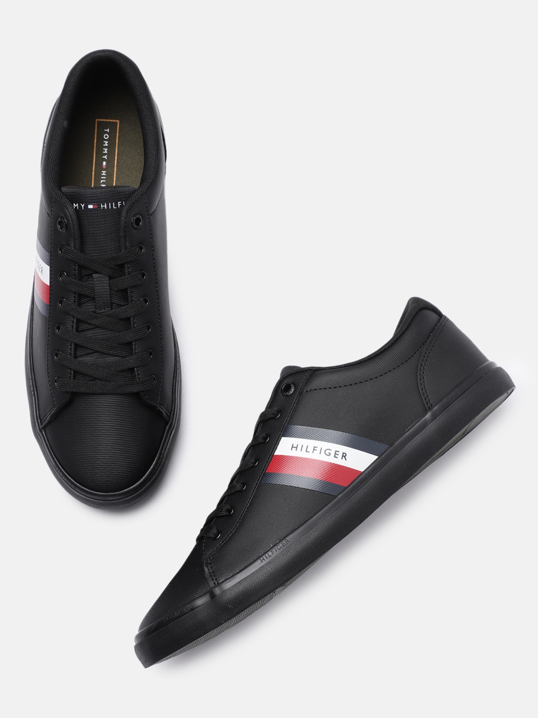 

Tommy Hilfiger Men Black Leather Essential Vulc Stripes Sneakers